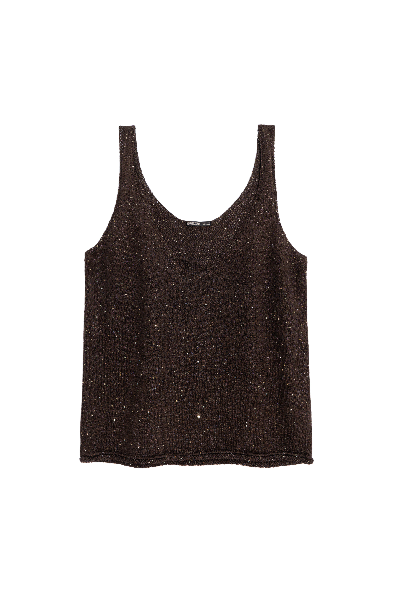 Трикотажный топ из хлопка с пайетками. Модель прямого кроя, на бретельках, с глубоким вырезом горловины.