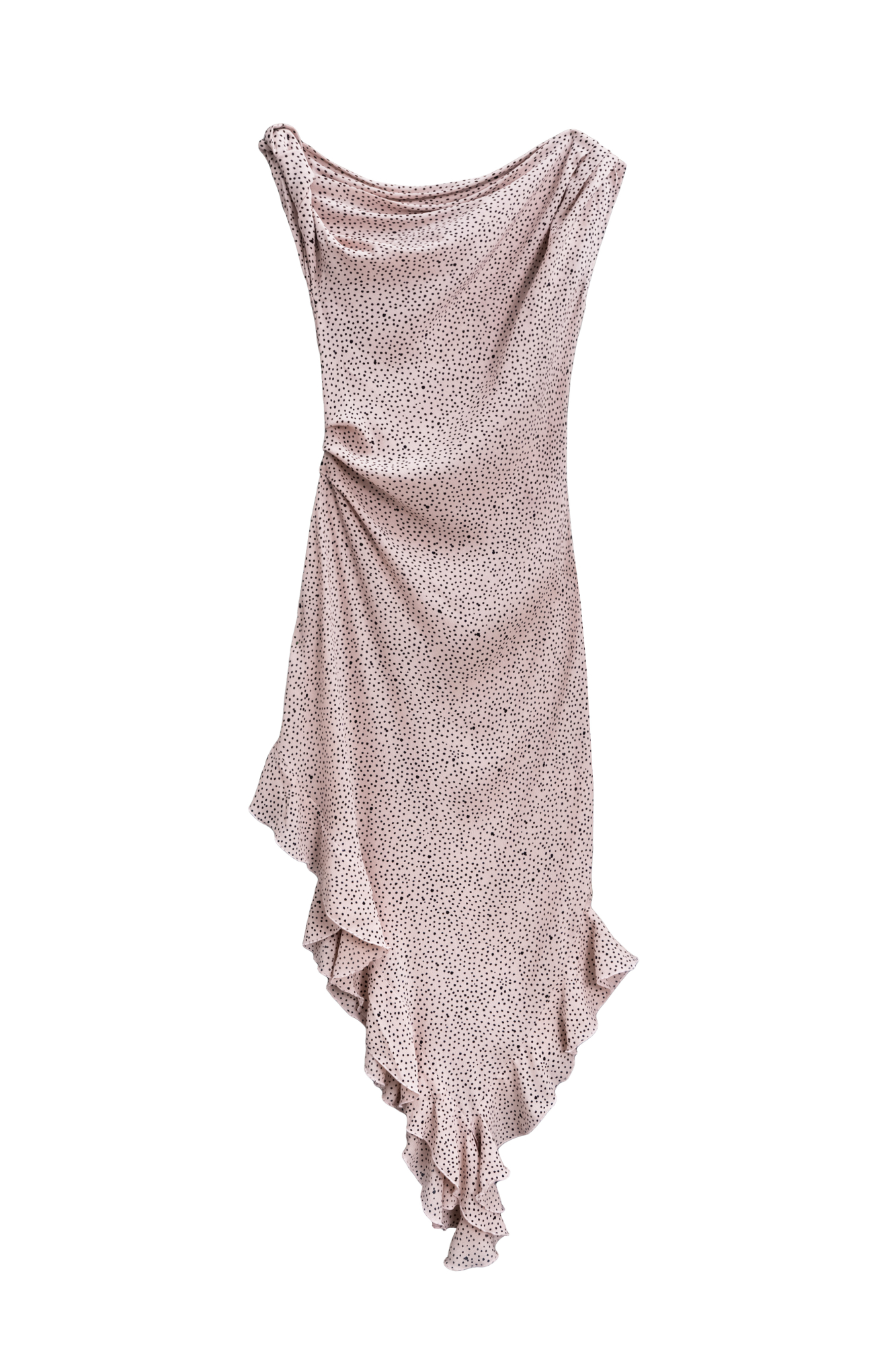 Платье с принтом из 100% креповой вискозы длины миди. Модель прямого силуэта, без рукавов, на широких бретельках с перекрутом, асимметричной юбкой, оборками и драпировкой на талии. 