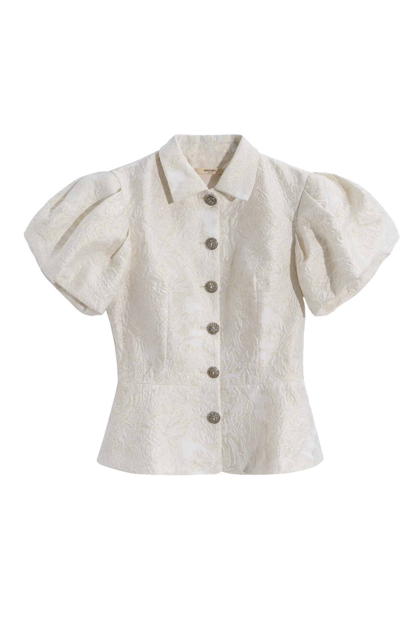 Однобортный жакет из жаккарда с баской. Модель приталенного силуэта с рукавами-фонариками и отложным воротником. Застежка на акцентные пуговицы. Изделие выполнено на подкладке.