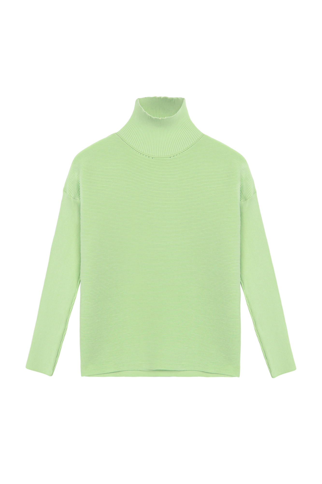 Трикотажный джемпер из вискозы в мелкий валик. Модель с длинным рукавом и воротником-стойкой.