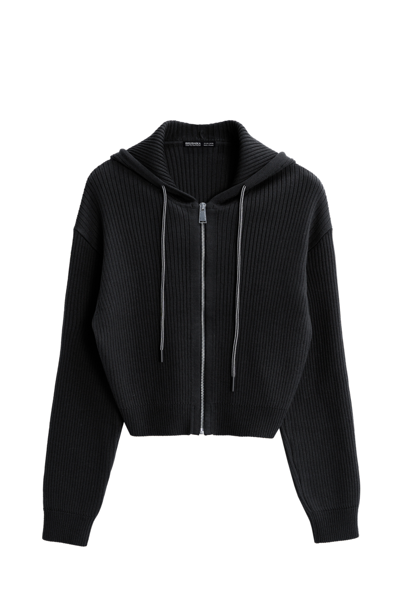 Короткий трикотажный бомбер из шерсти. Модель свободного силуэта, со спущенной линией пллеч, длинными рукавами и капюшоном с кулиской. Низ изделия и манжеты рукавов выполнены на эластичной резинке. Застежка на молнию.