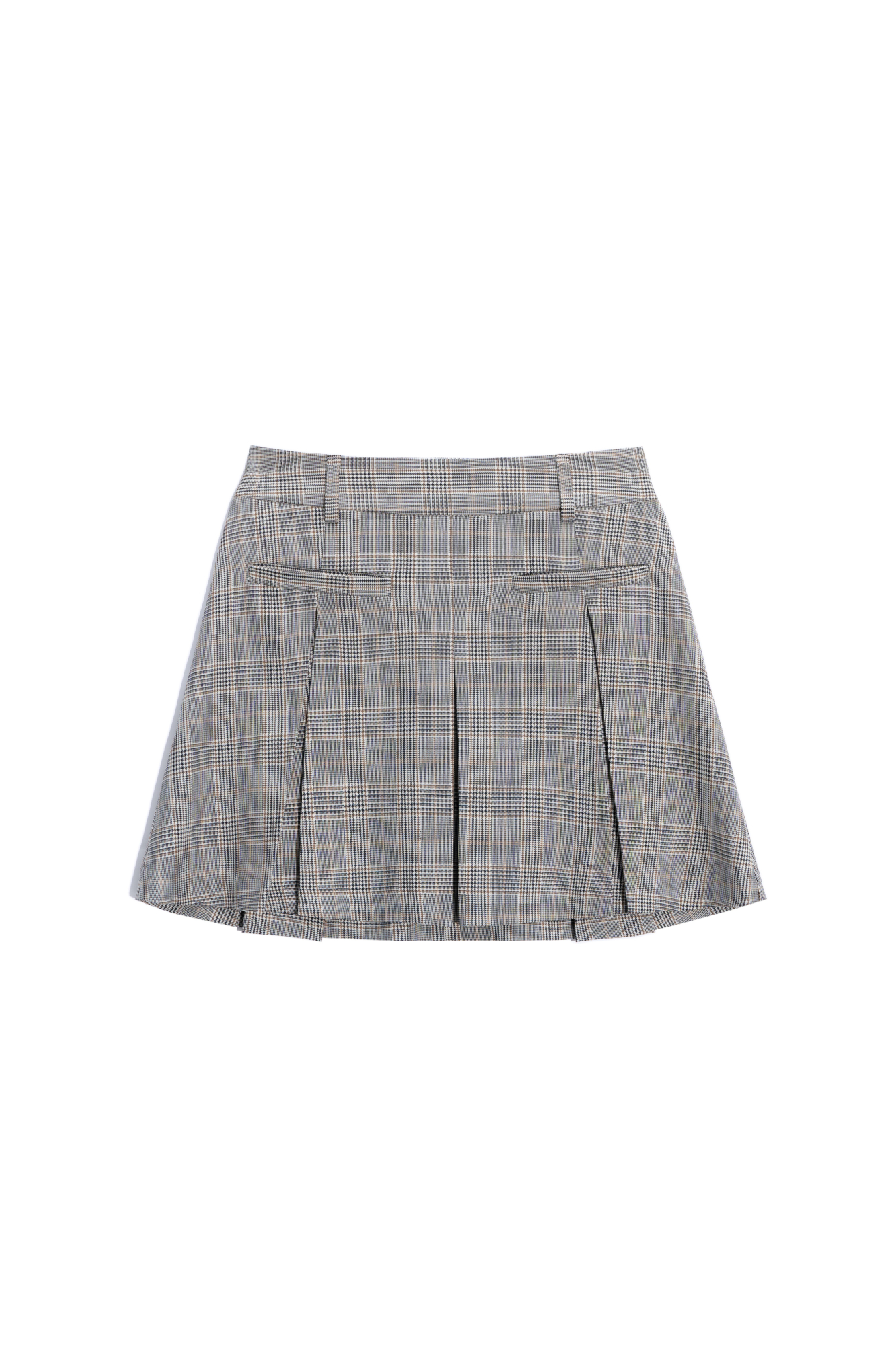 Юбка длины мини в клетку гленчек из шерсти. Модель прямого кроя, с крупными складками, поясом со шлевками для ремня, врезными карманами спереди и застежкой на молнию. Изделие без подкладки.