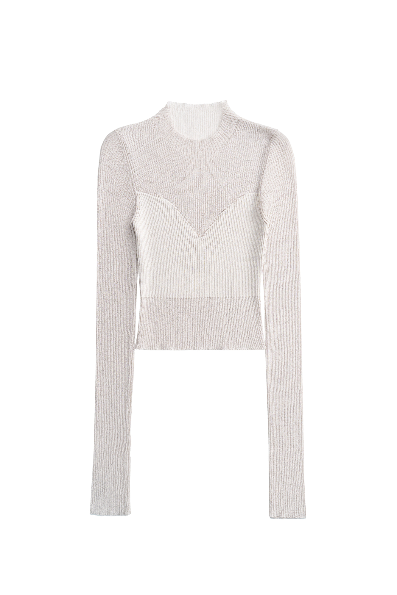 Трикотажный кроп-топ из тонкого хлопка с добавлением вискозы. Модель приталенного силуэта, с длинными рукавами и круглым вырезом горловины. Изделие выполнено в комбинированной вязке, сочетая полупрозрачную и более плотную текстуры, создавая акцент на лифе.