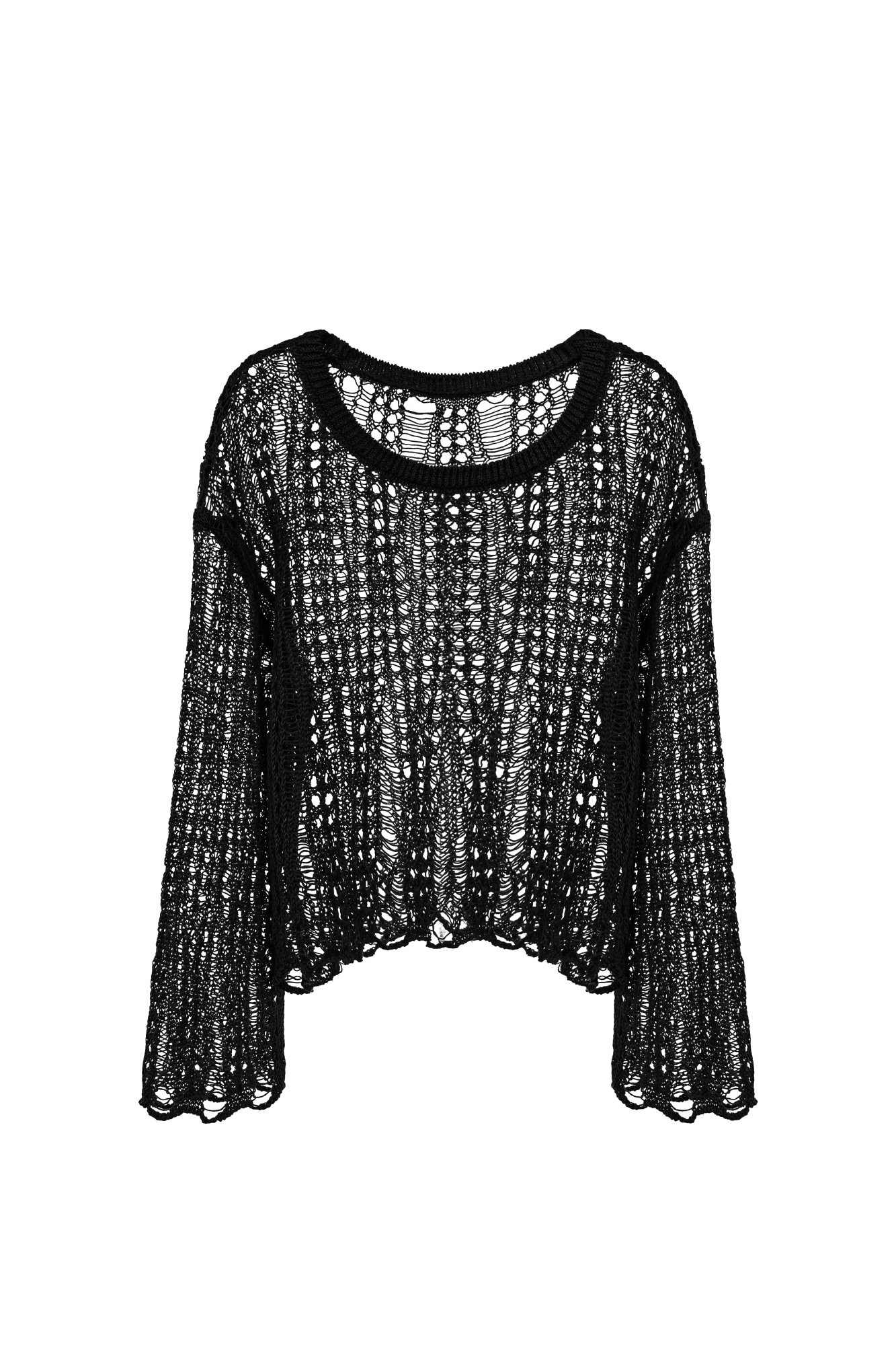 Полупрозрачный ажурный джемпер. Модель свободного силуэта со спущенной линией плеча. Дополнить образ можно юбкой в таком же стиле.