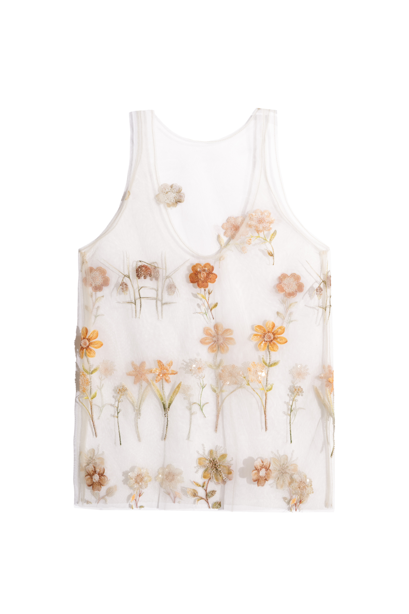 Прозрачный топ с цветочным орнаментом, вышитым пайетками и бисером. Модель без рукавов, с глубоким U-образным вырезом.