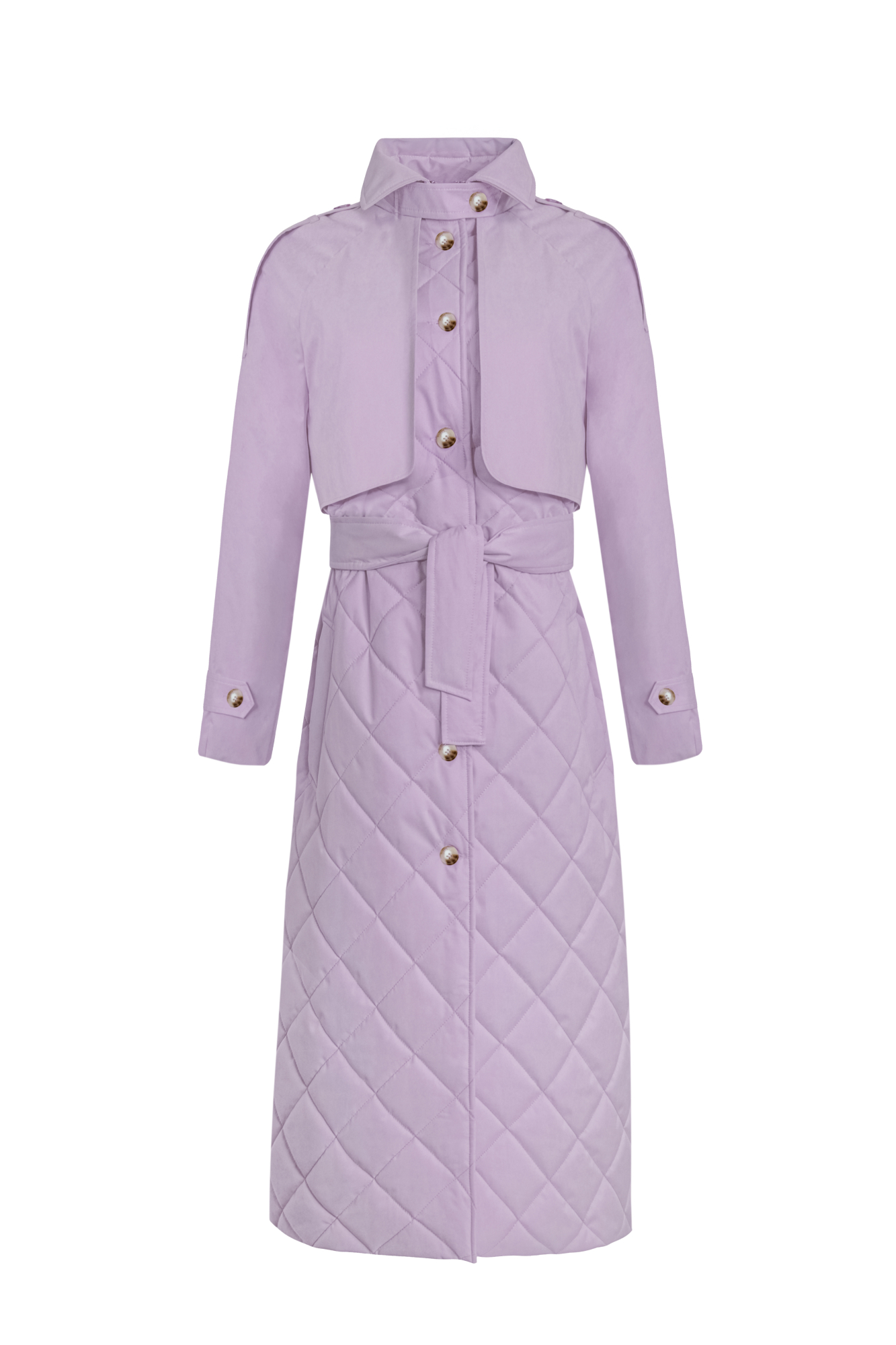 Стеганый тренч из водоотталкивающей ткани. Модель прямого силуэта с поясом, застежка на пуговицах, боковые карманы.