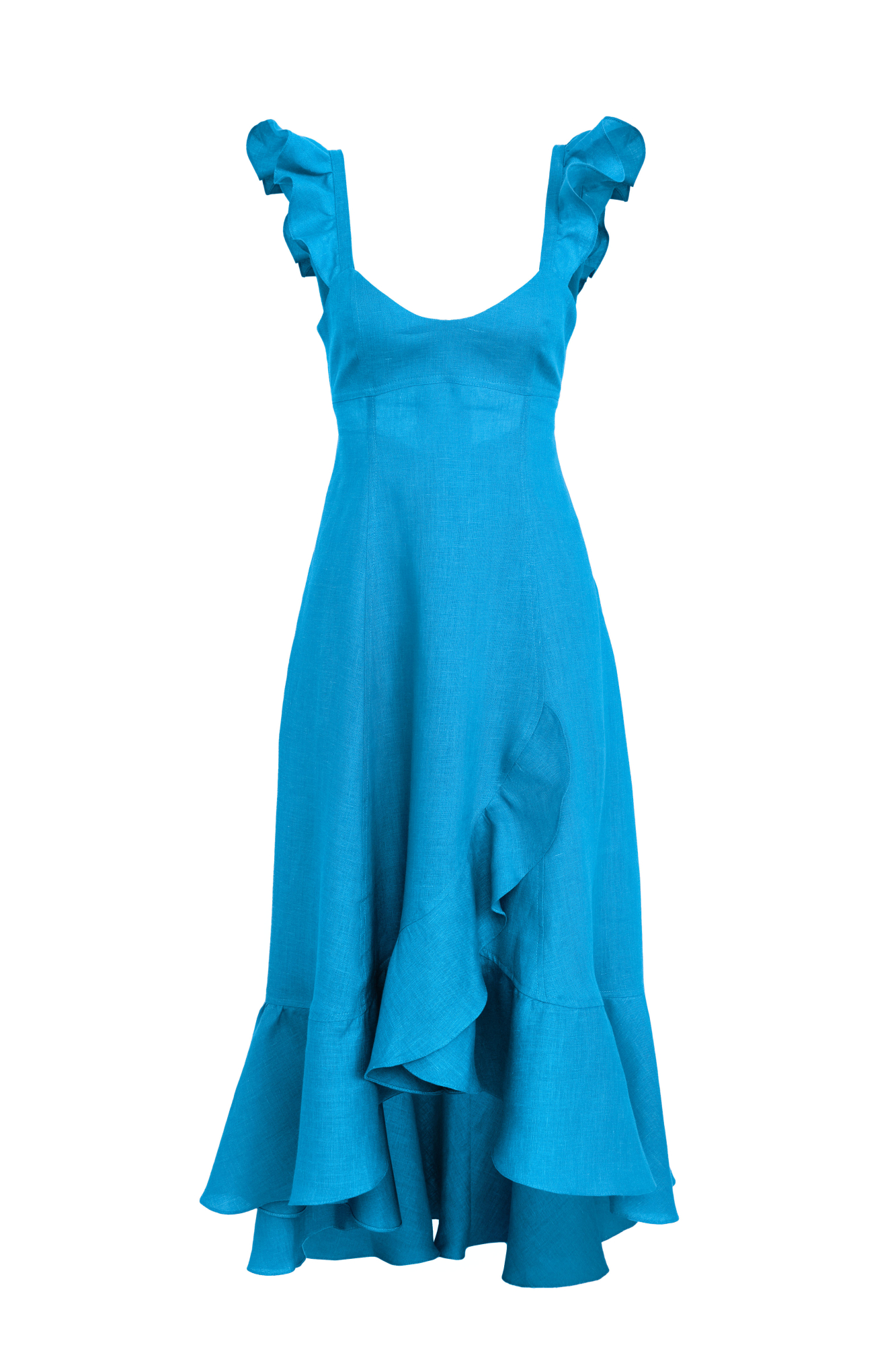 Сарафан длины миди из 100%&nbsp;&nbsp;льна. Модель без рукавов на широкиз лямках с оборками, открытой спиной, асимметричным низом и воланами на юбке.