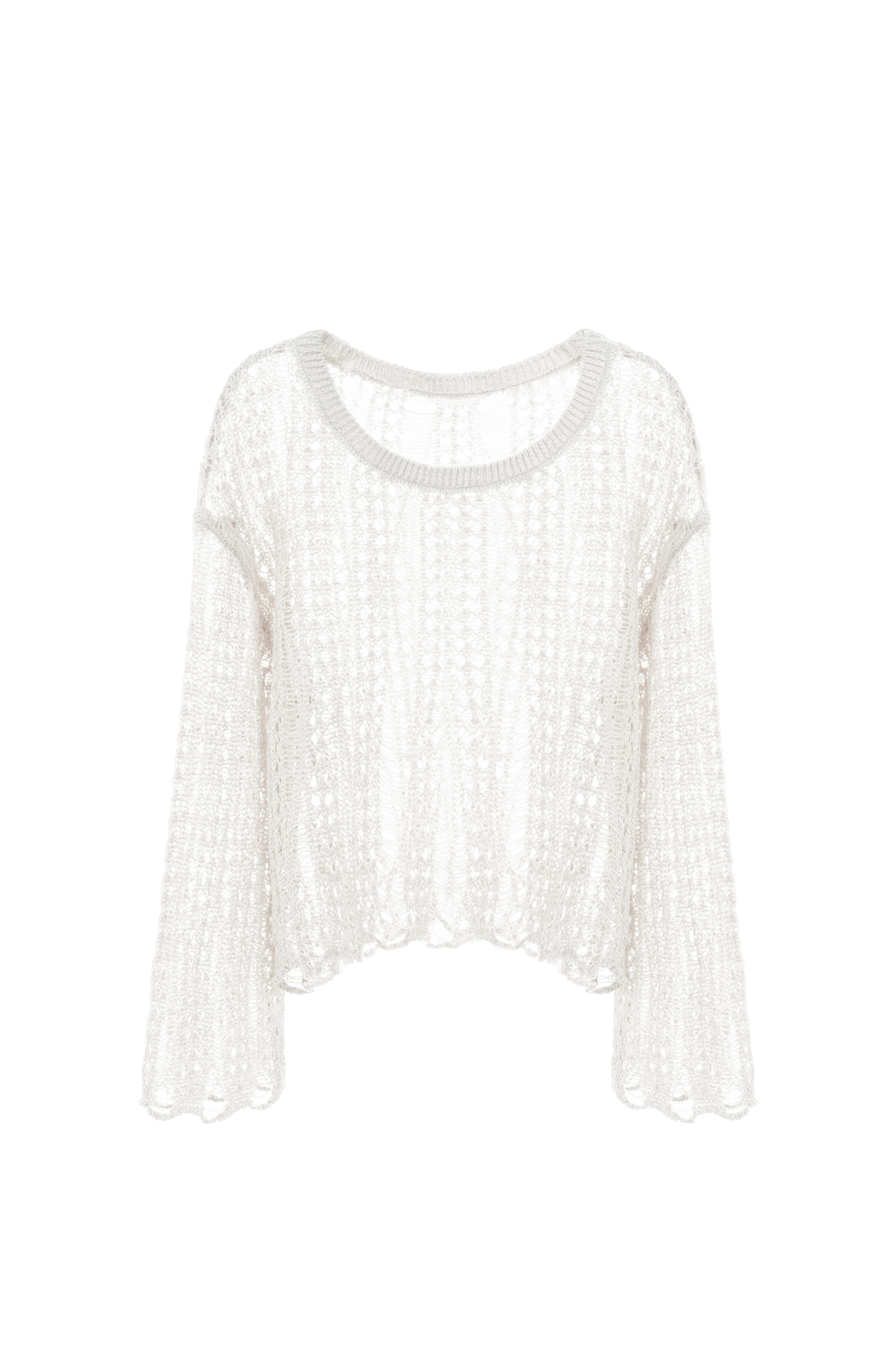 Полупрозрачный ажурный джемпер. Модель свободного силуэта со спущенной линией плеча. Дополнить образ можно юбкой в таком же стиле.