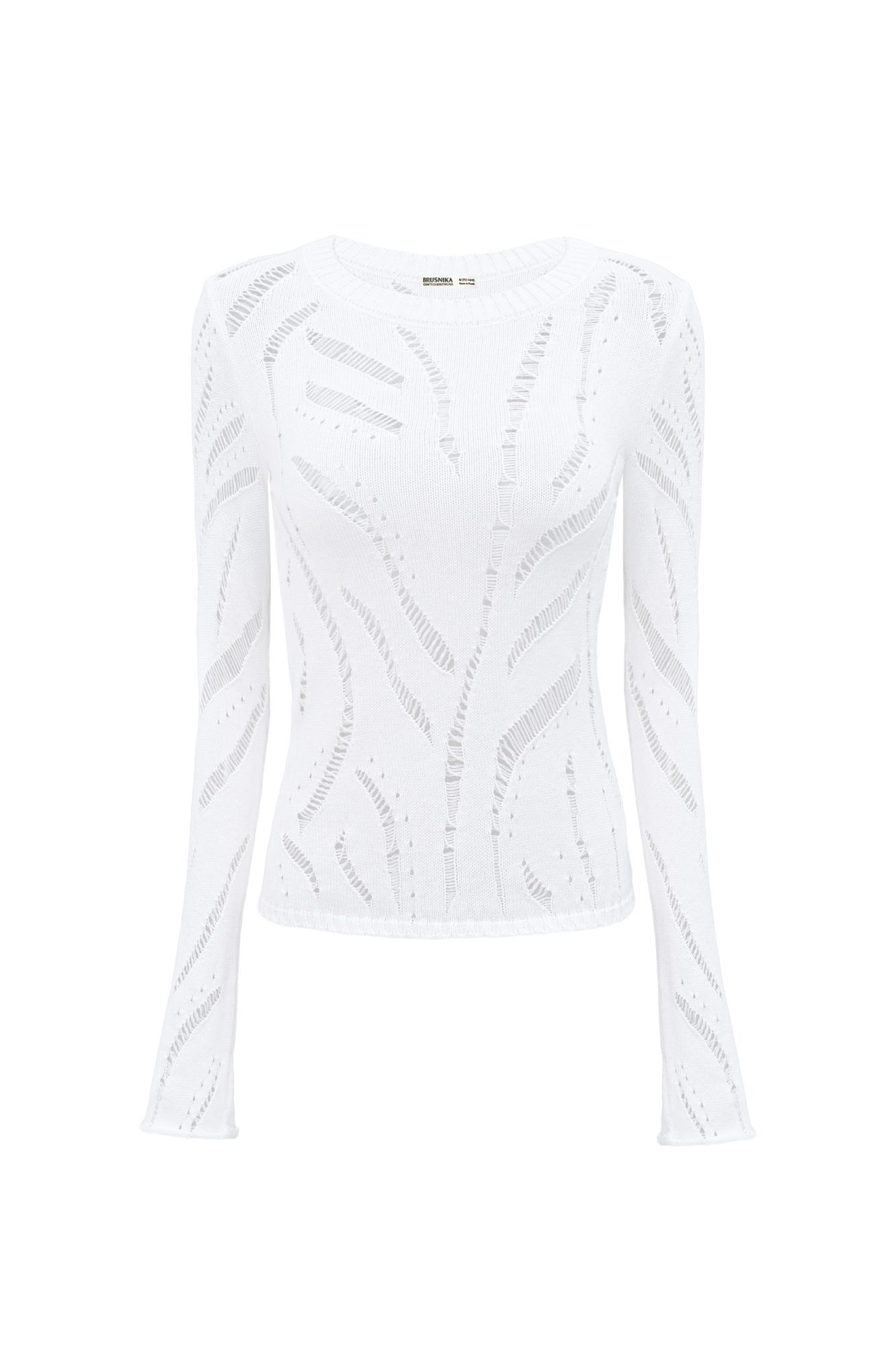 Трикотажный джемпер из 100% хлопка. Длинные расклешенные рукава, круглый вырез в рубчик. Модель фактурной вязки с протяжками.