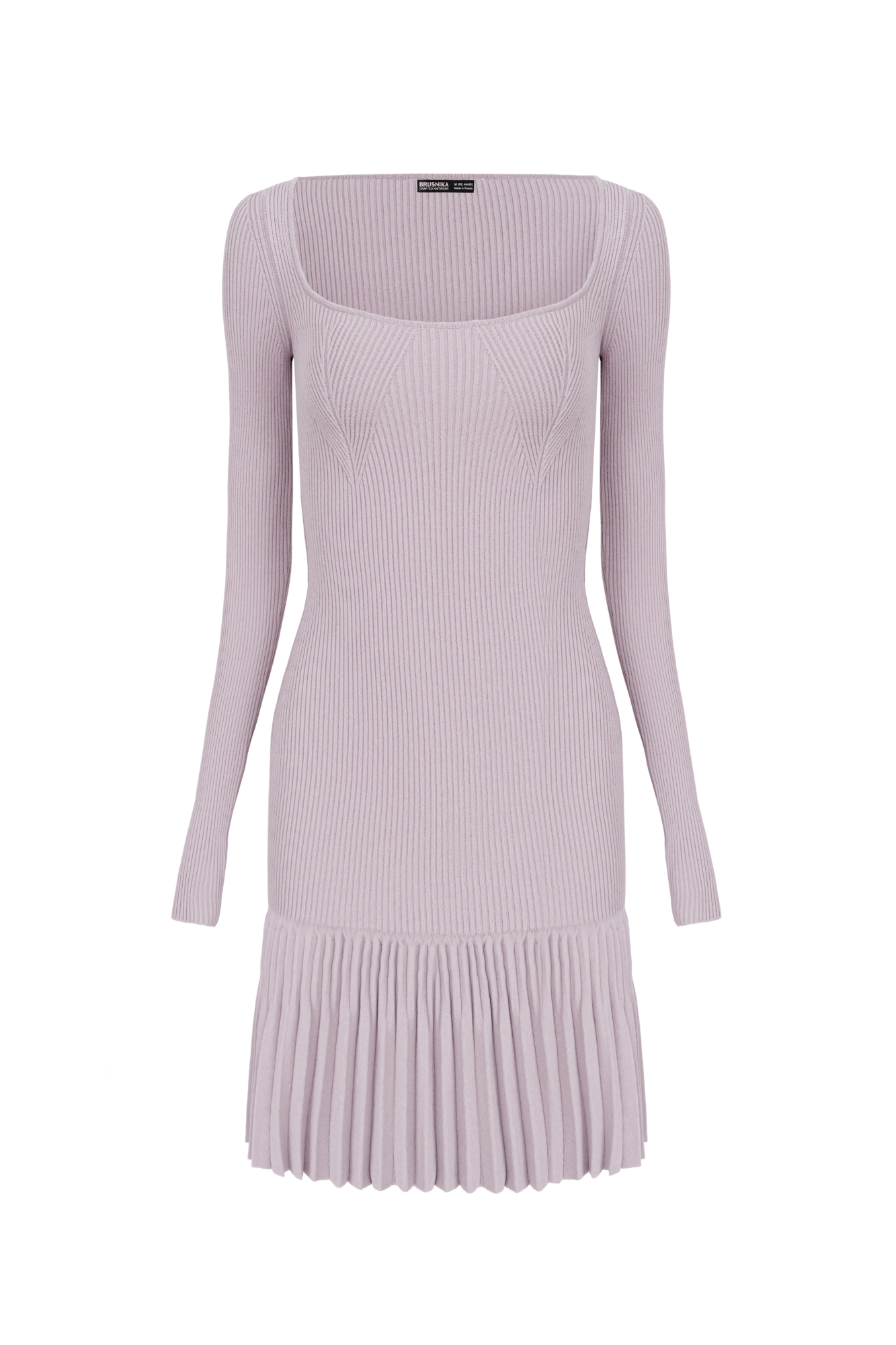 Трикотажное платье из вискозы с плиссированной юбкой, длинным рукавом и квадратным вырезом. 