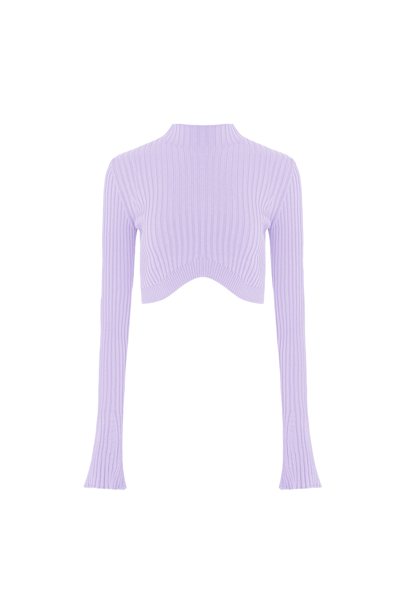 Трикотажный топ в рубчик с длинным рукавом и фигурным низом. Дополнить образ можно юбкой в таком же стиле.