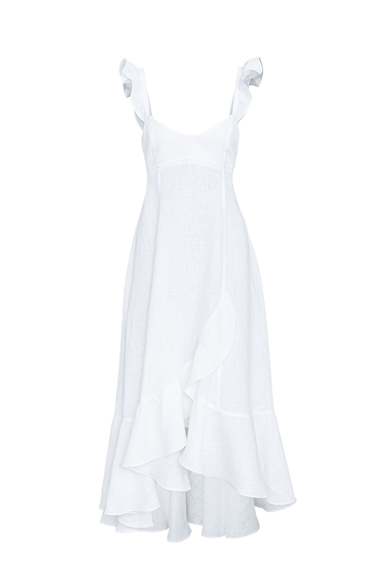 Сарафан длины миди из 100% льна. Модель без рукавов на широкиз лямках с оборками, открытой спиной, асимметричным низом и воланами на юбке.