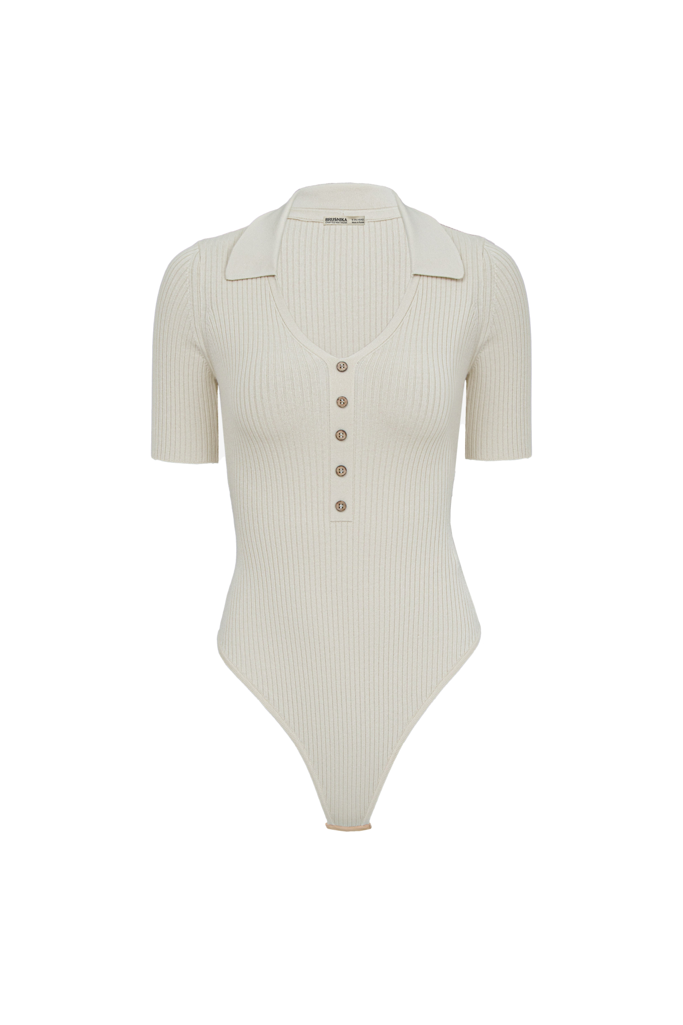 Трикотажное боди из вискозы в рубчик. Модель V-образный вырезом горловины, отложным воротником и коротким рукавом. Изделие декорировано небольшими пуговицами. Застежка на бельевые крючки.