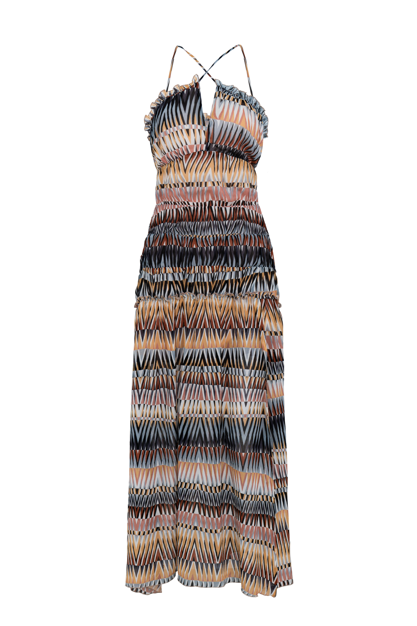 Принтованный сарафан из 100% вискозы. Модель на тонких бретелях, оборками и вырезом на лифе. Застежка на молнию сзади.