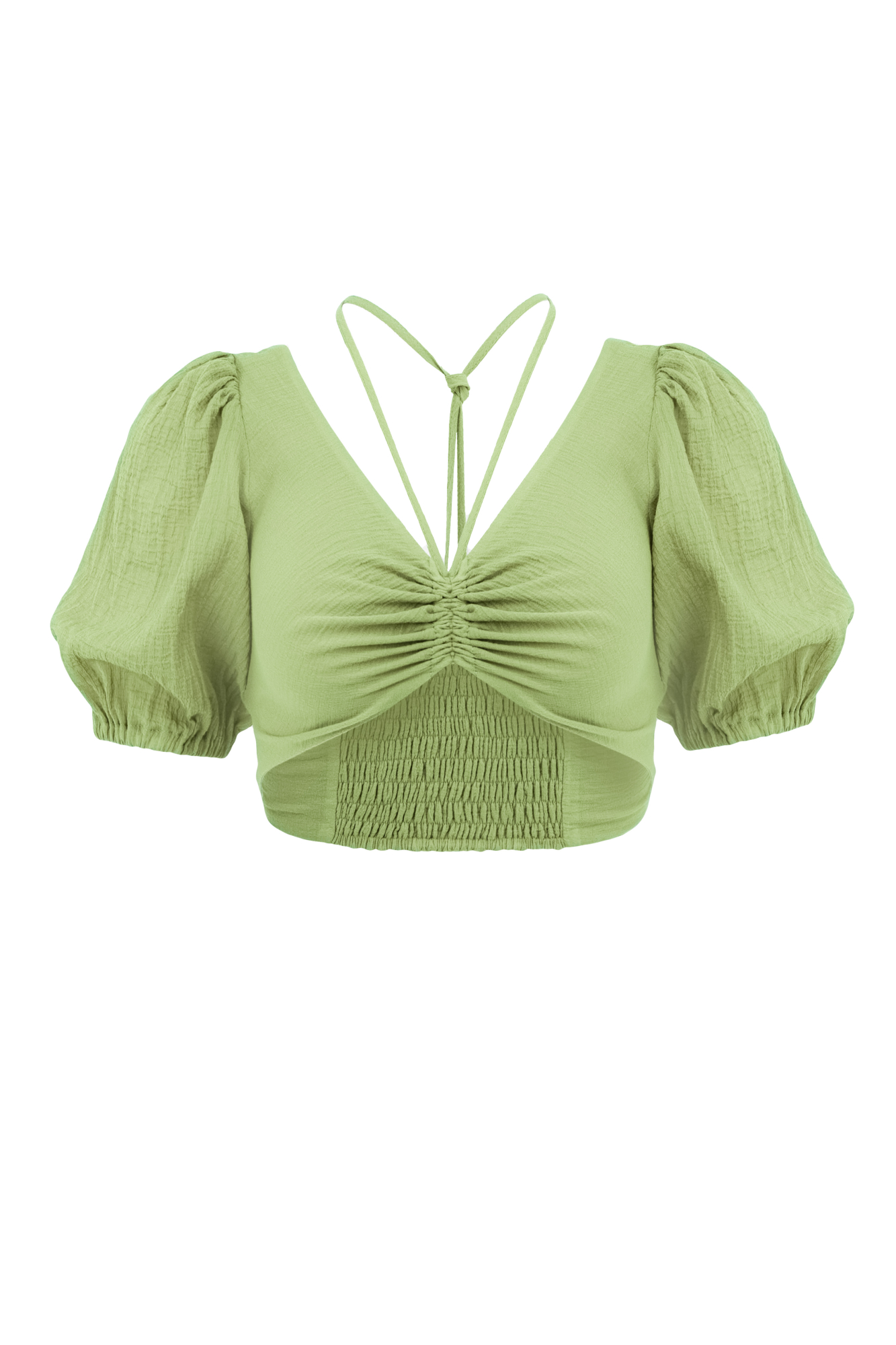 Короткий топ из 100% хлопка на тонкой кулиске вокруг шеи, рукава-фонарики.