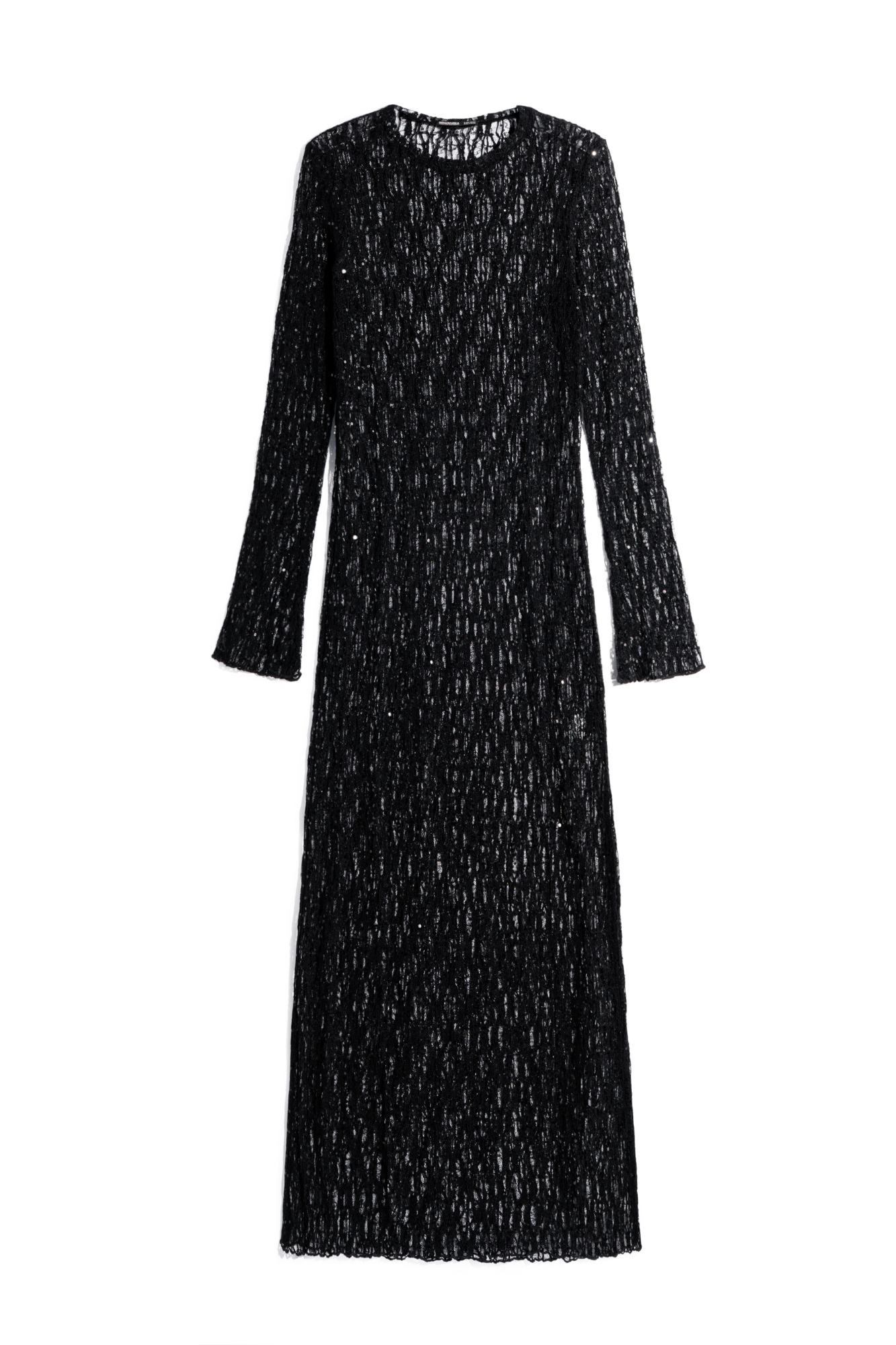 Платье длины макси из кружева с пайетками. Модель свободного силуэта с длинными рукавами, круглой горловиной и высоким разрезом на подоле. Изделие выполнено без подкладки.