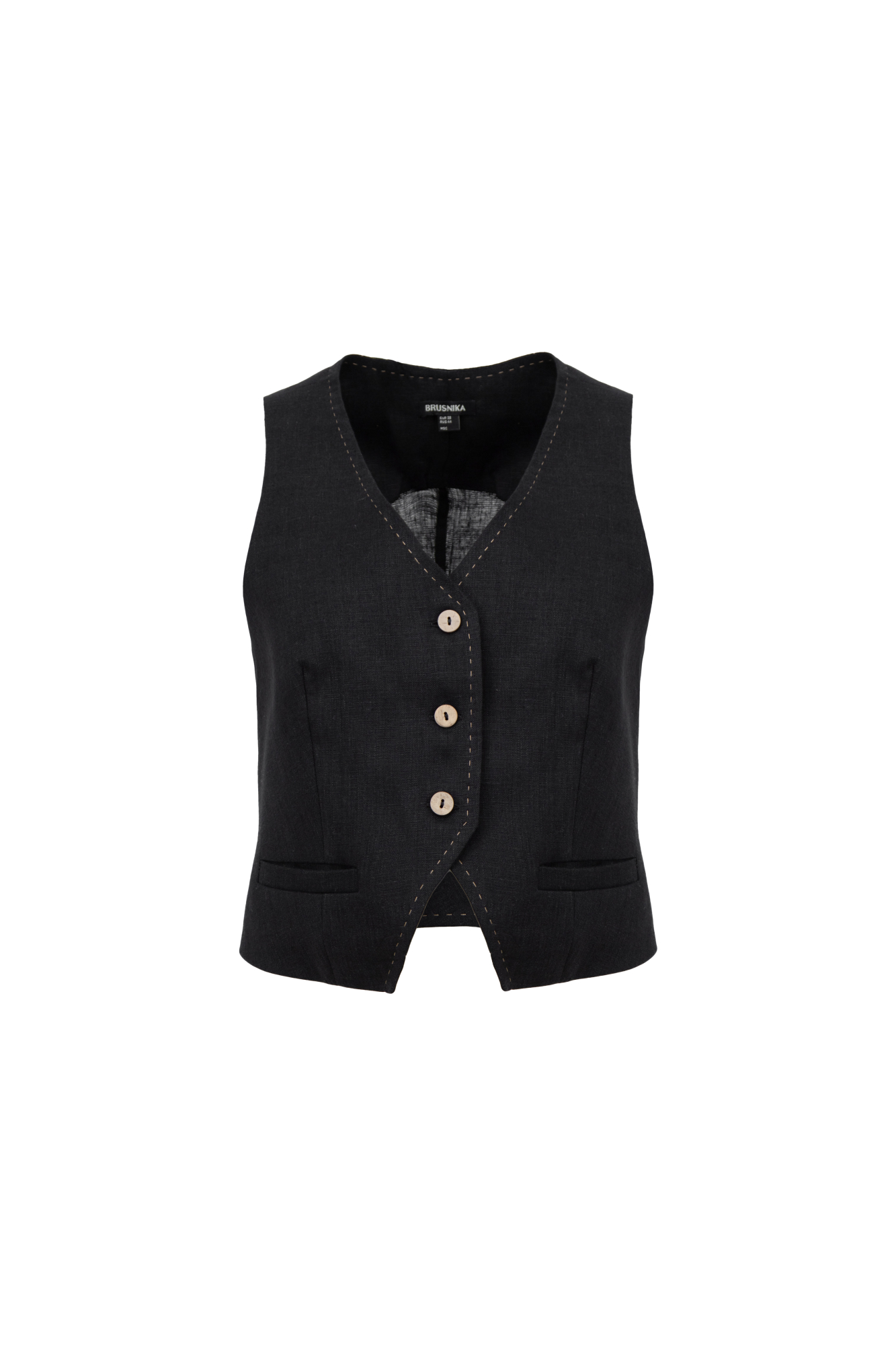 Жилет из 100% льна с карманами. Застежка на пуговицах.