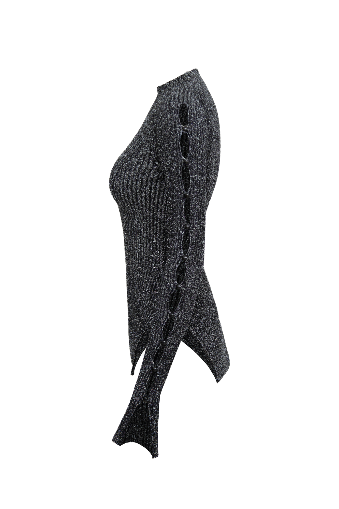 Удлиненная водолазка из вискозы с люрексом и рукавами на пуговицах.