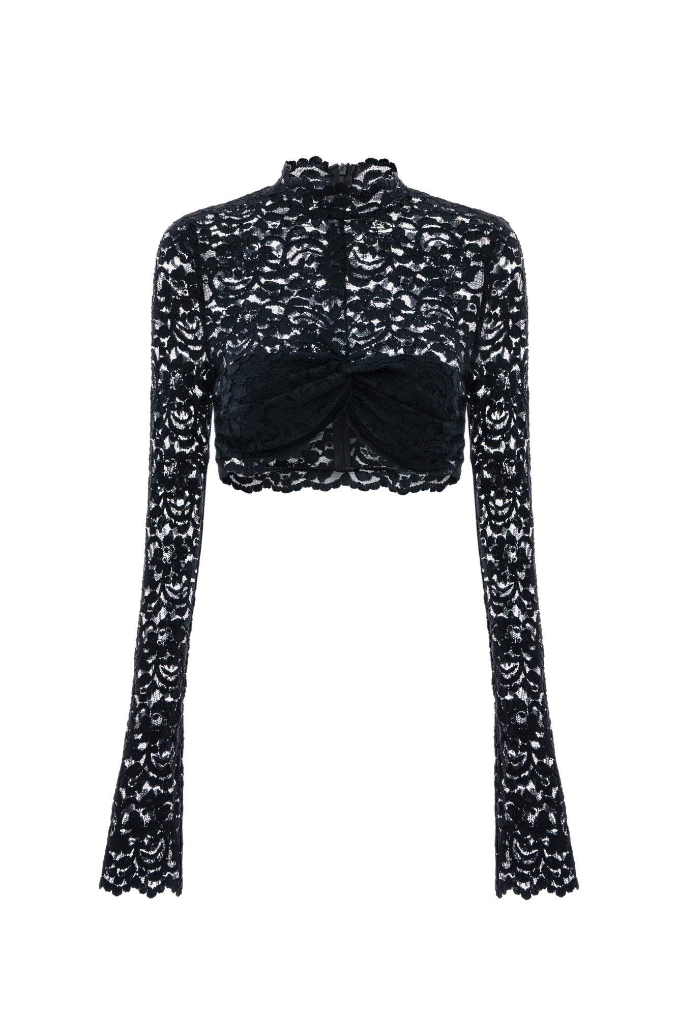 Полупрозрачный укороченный топ из итальянского кружева с несъемными чашечками. Модель с высокой горловиной и длинными рукавами. Застегивается на молнию по спинке изделия. Образ можно дополнить брюками в таком же стиле.