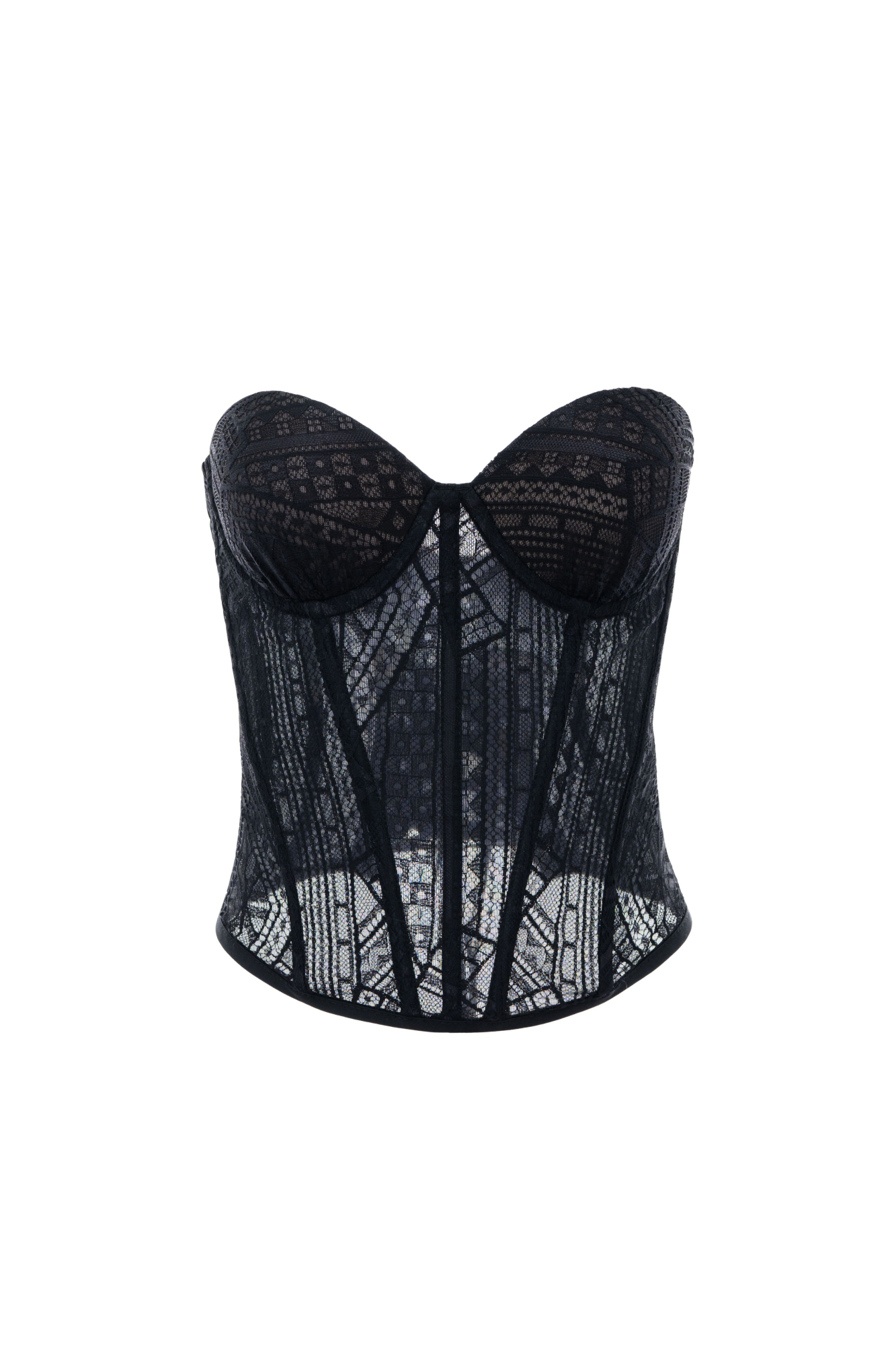 Полупрозрачный корсет из тонкого кружева. Модель с чашечками и шнуровкой по спинке.