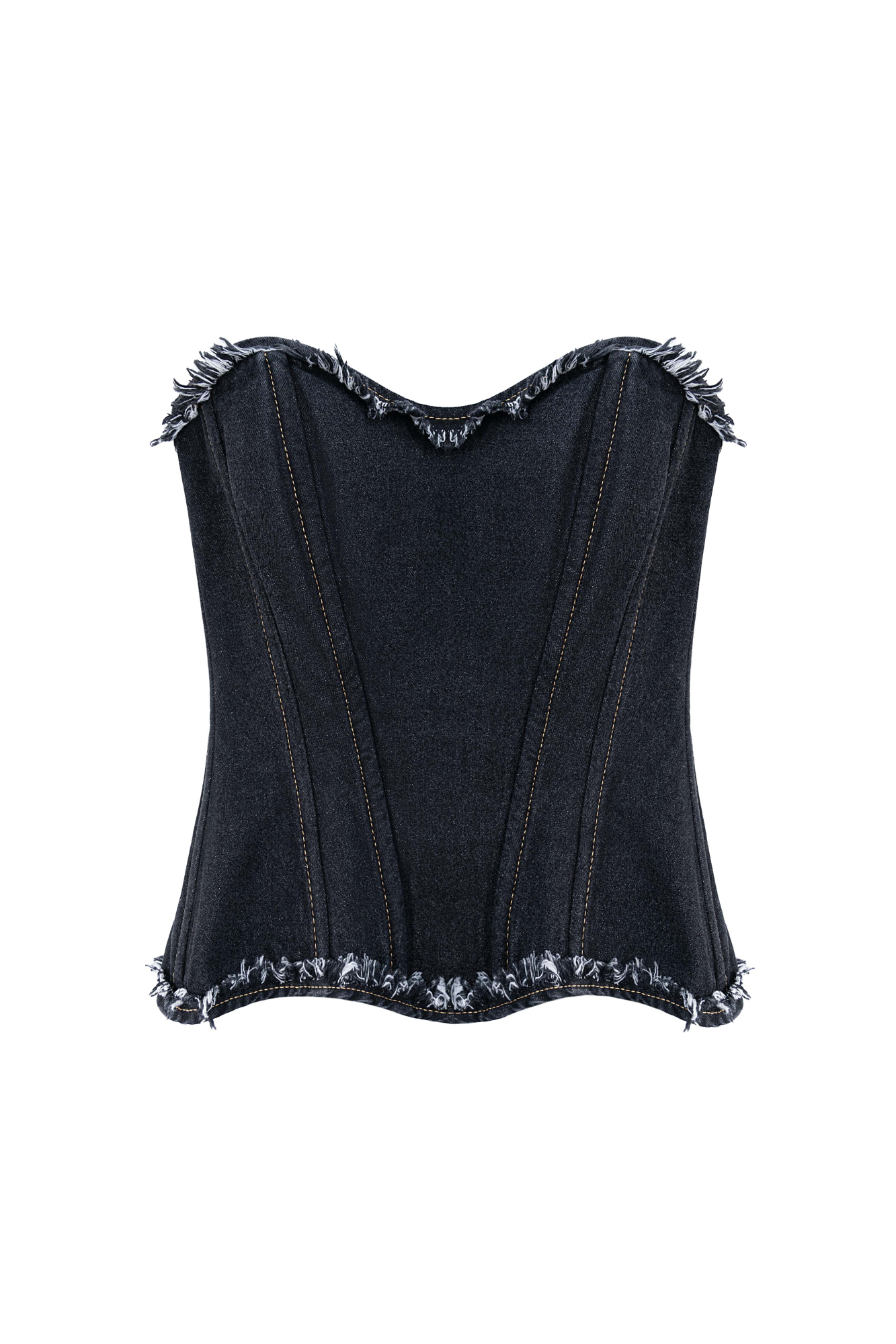 Джинсовый корсет из 100% хлопка. Модель без бретелей, с фигурным вырезом по верхнему краю. Верхний и нижний края декорированы бахромой. Рельефные швы спереди формируют силуэт.