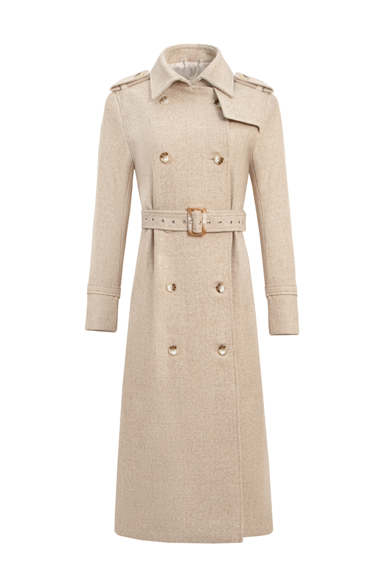 Двубортное шерстяное пальто на пуговицах приталенного силуэта, фиксированного поясом из основной ткани с пряжкой.<br />

