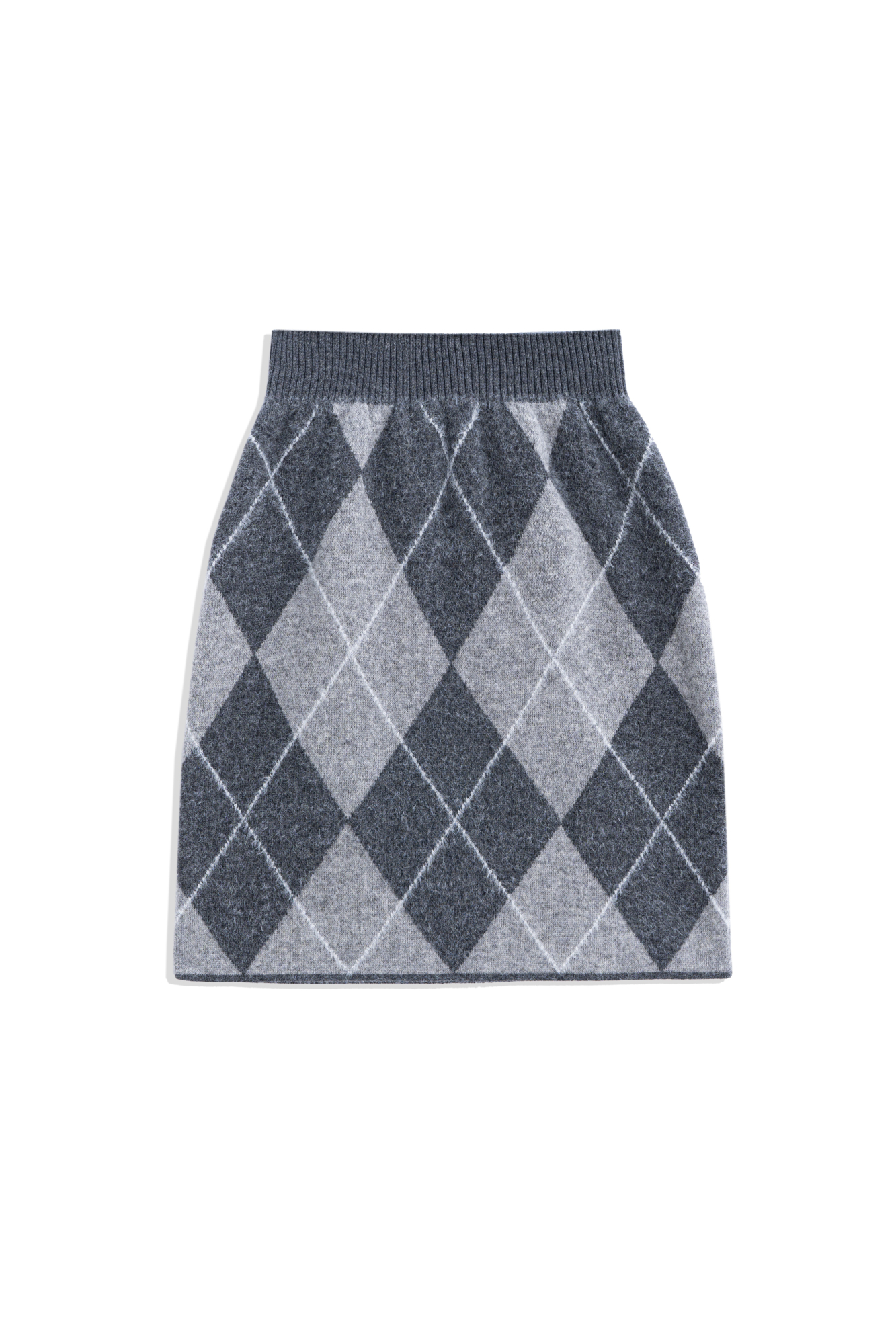 Трикотажная юбка мини из шерсти и кашемира с узором аргайл. Модель по фигуре с широким эластичным поясом в рубчик.