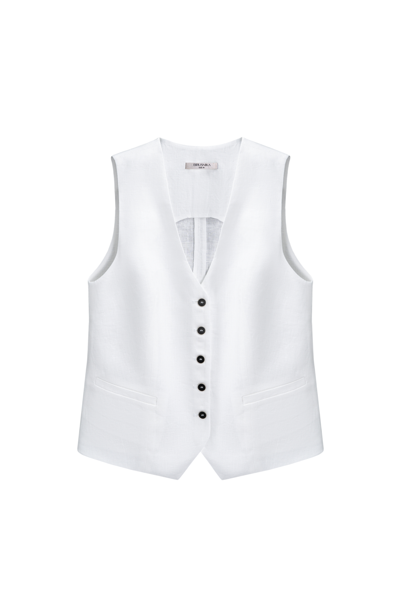 Классический жилет из 100% льна. Модель прямого кроя, с V-образным вырезом, карманами и застежкой на пуговицы.
