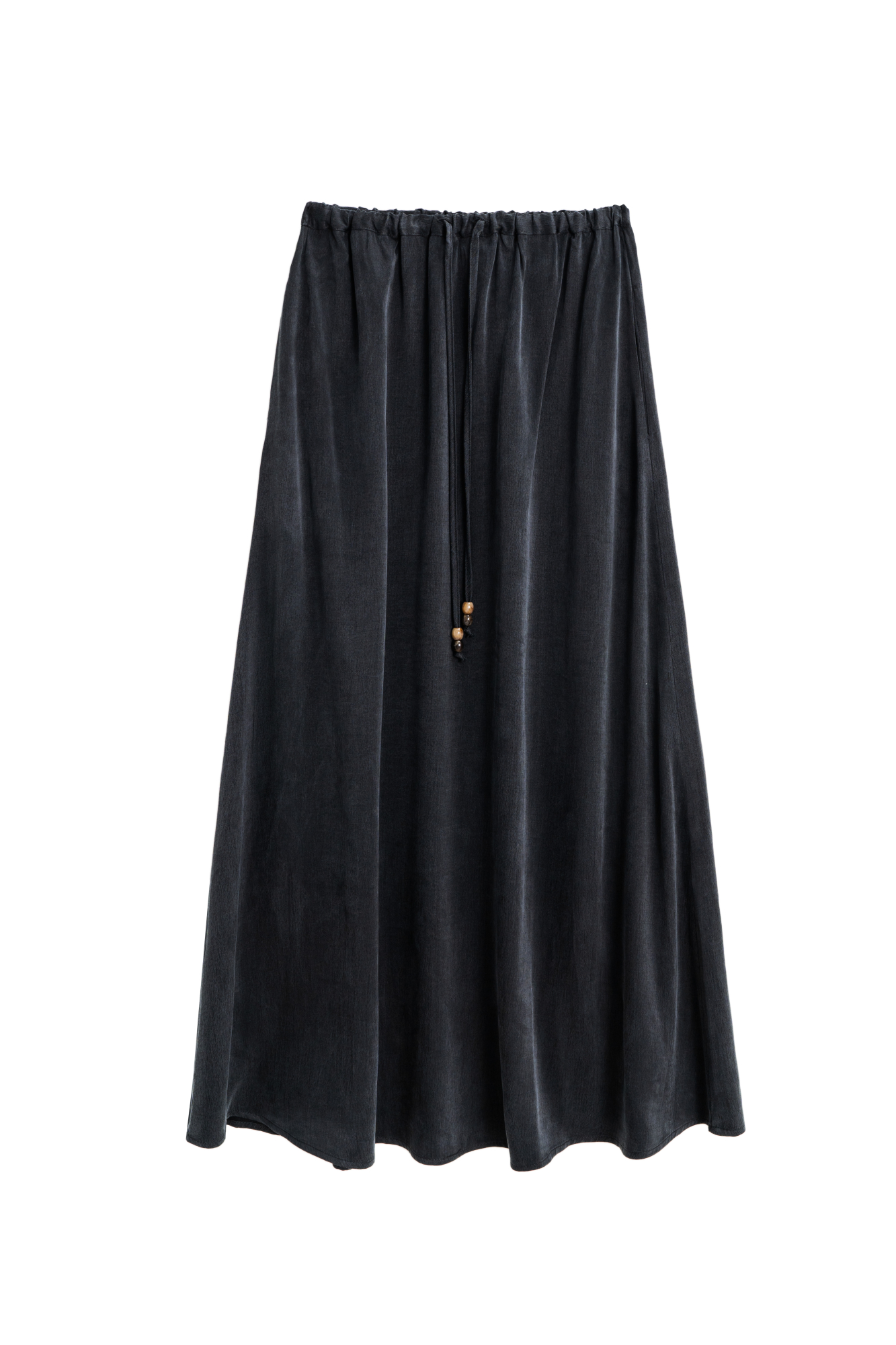 Юбка длины макси из купры. Модель свободного силуэта на кулиске с поясом, декорированным бусинами.