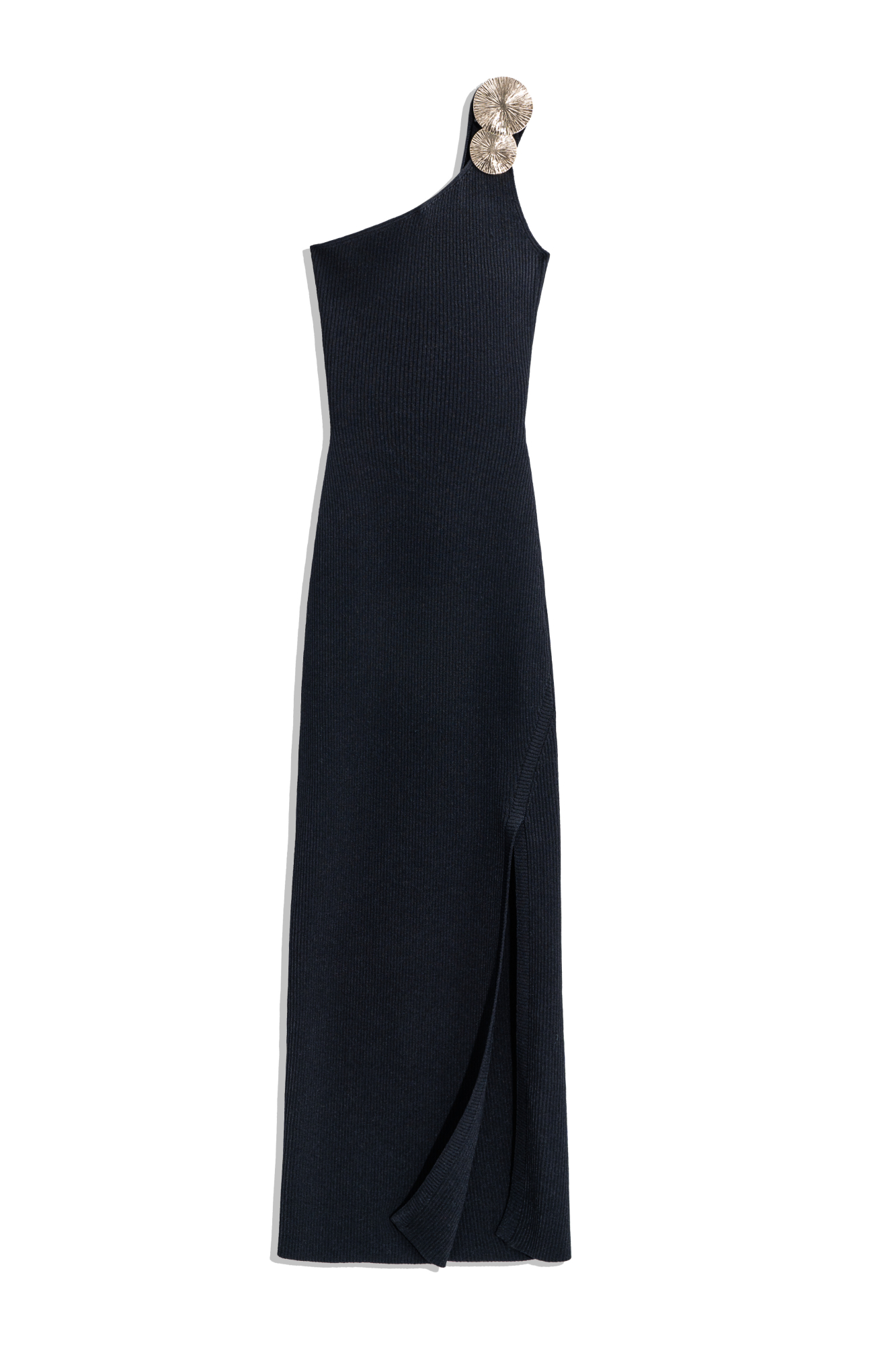 Платье длины макси на одно плечо. Изделие выполнено в рубчик и декорировано акцентным элементом на плече и перекрутом на спине. Модель приталенного силуэта с разрезом спереди. 