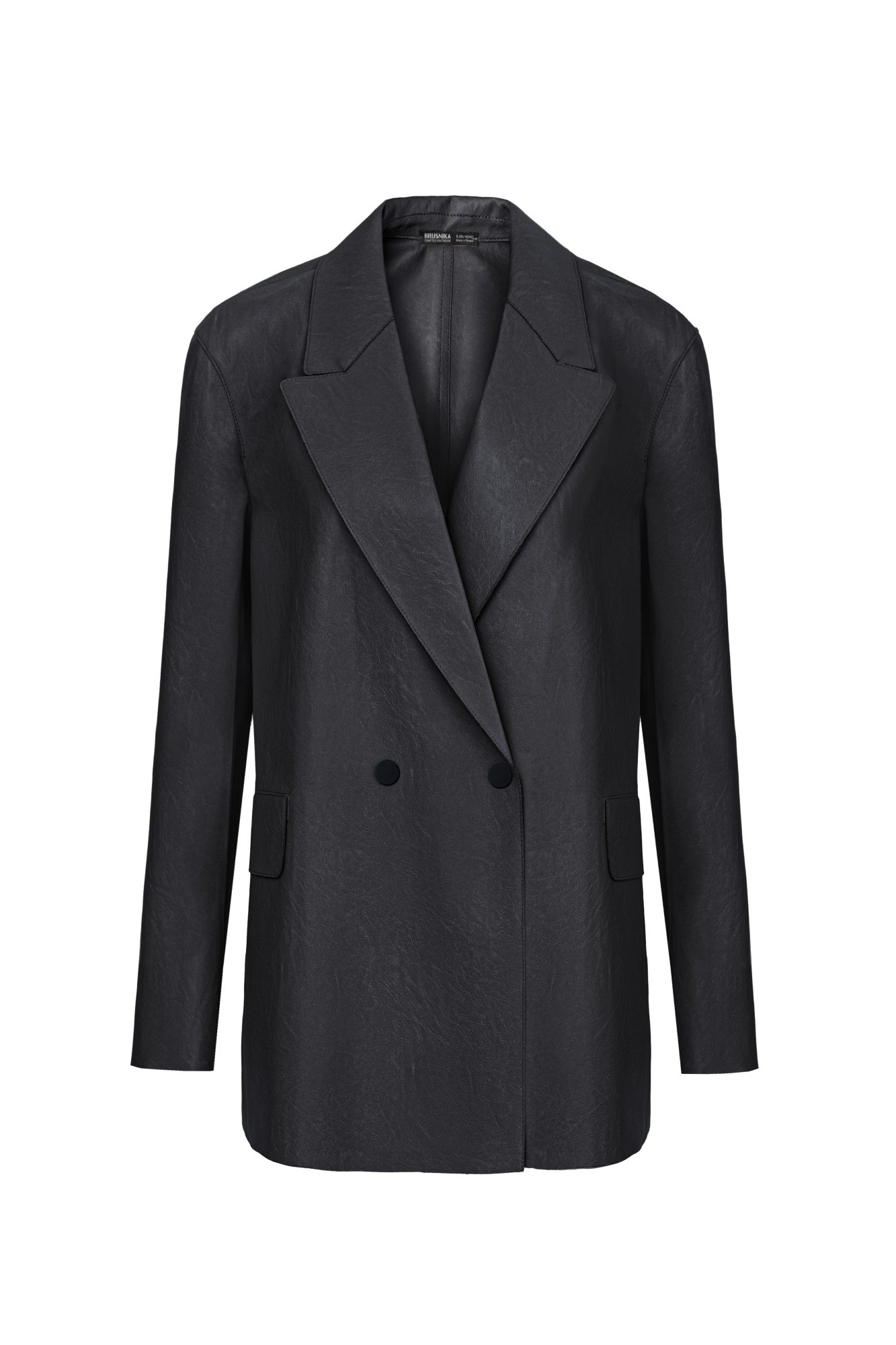Двубортный жакет из двусторонней экокожи. Модель прямого кроя с широкими лацканами и карманами с клапанами. Застежка на металлические кнопки. 