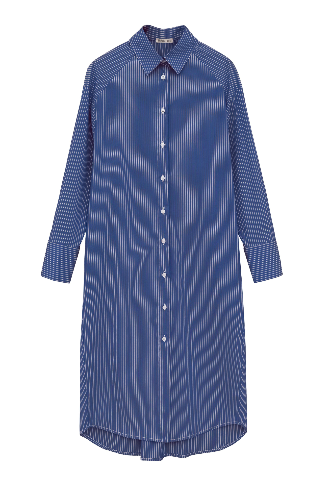 Платье-рубашка из 100% хлопка. Модель свободного силуэта, со спущенной линией плеча, длинными рукавами с манжетами и отложным воротником. Застежка на пуговицы.