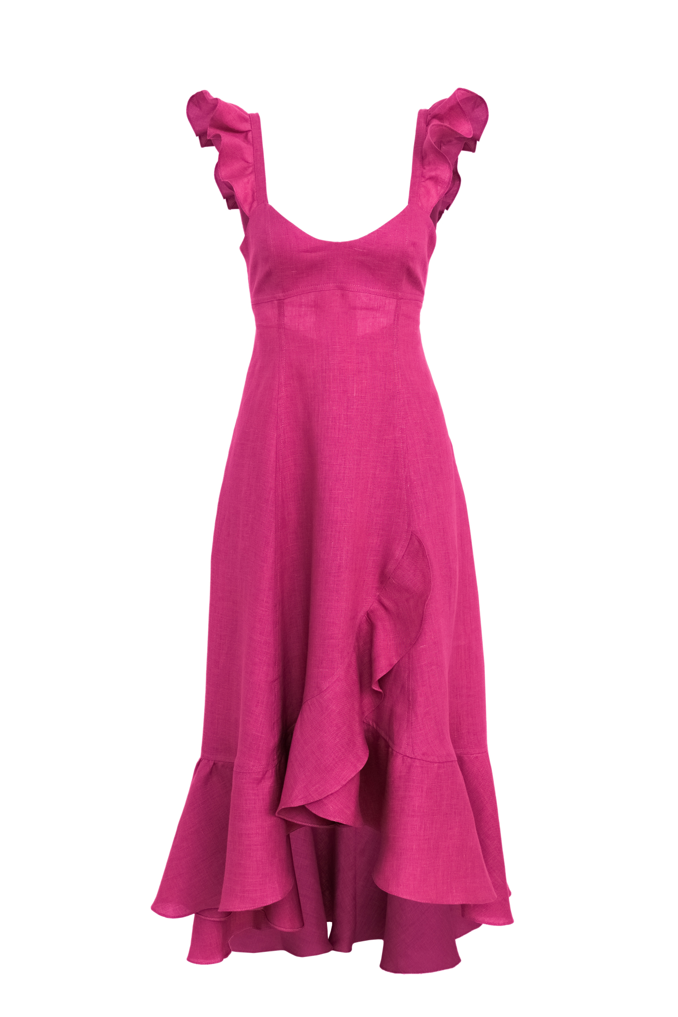 Сарафан длины миди из 100% льна. Модель без рукавов на широкиз лямках с оборками, открытой спиной, асимметричным низом и воланами на юбке.