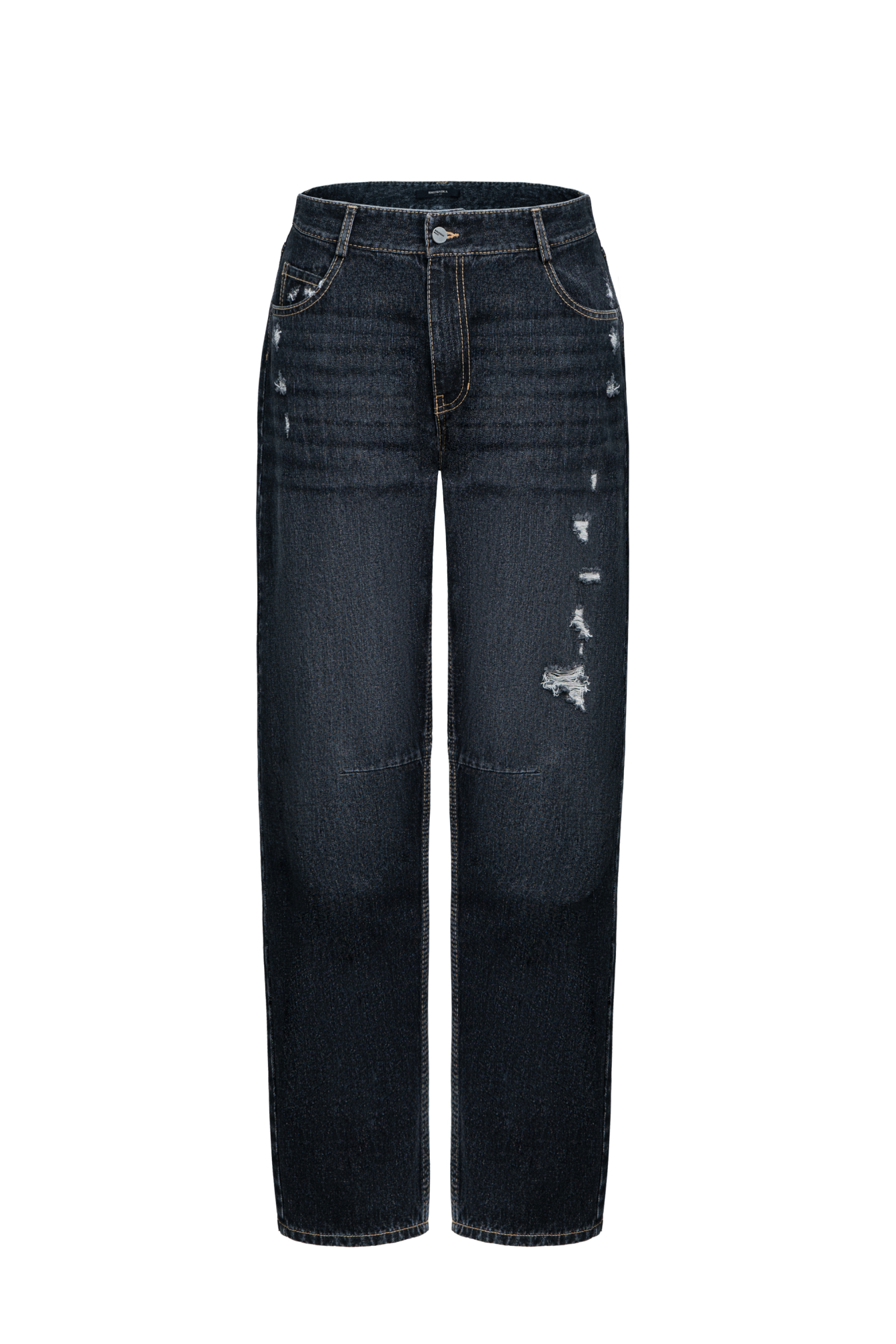 Джинсы из 100% хлопка со средней посадкой. Модель прямого силуэта с разрезами в стиле гранж и эффектом потертости. Застежка на молнию и пуговицу.