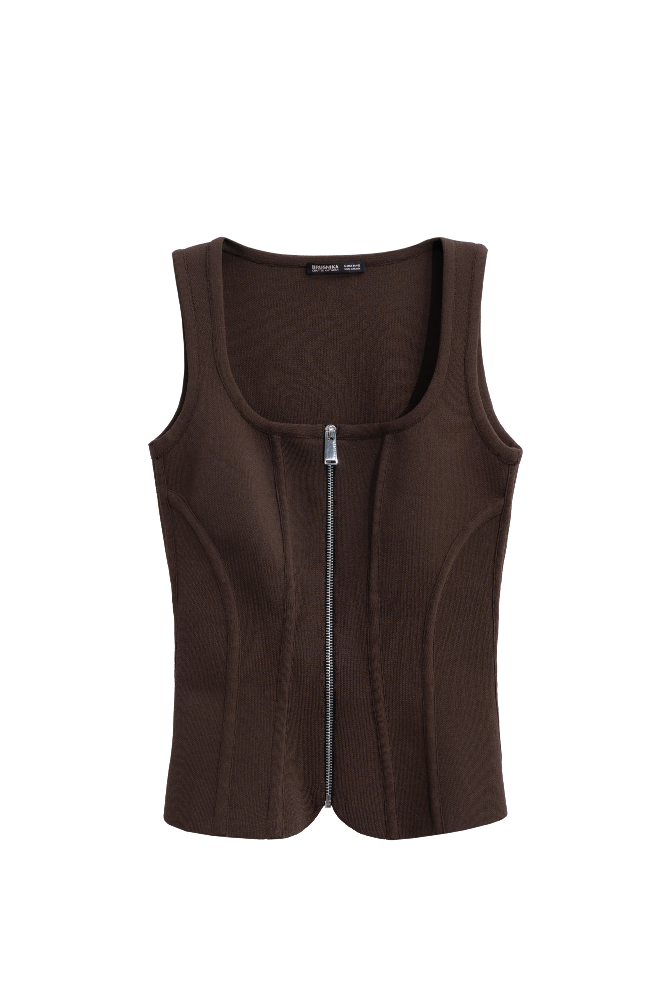 Трикотажный корсет из вискозы, выполненый плотной вязкой. Модель по фигуре, с вертикальными объемными вытачками, без рукавов, с квадратным вырезом горловины. Изделие имеет застежку на молнию по всей длине. Без подкладки.