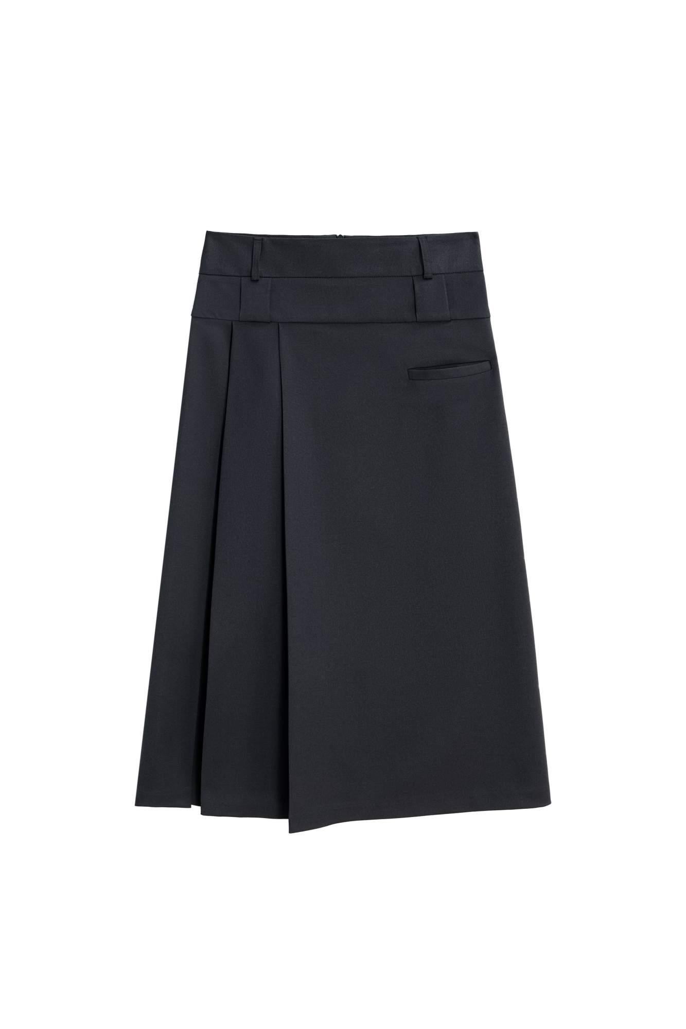 Юбка длины миди из шерсти. Модель прямого кроя, с двумя продольными складками сбоку, двойным поясом со шлевками для ремня, врезным карманом и застежкой на молнию. Изделие без подкладки. 