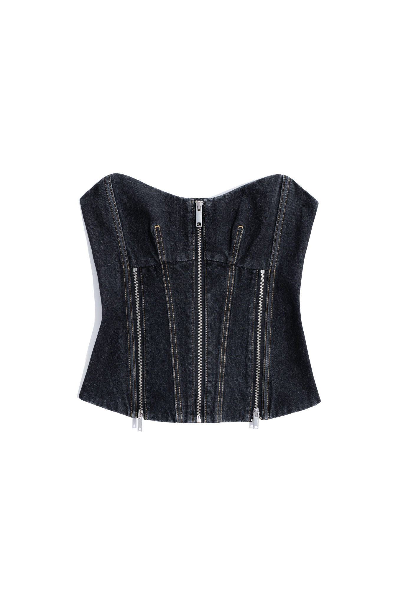 Джинсовый корсет из 100% хлопка. Модель приталенного силуэта с акцентрой строчкой и застежкой на молнию спереди. Шнуровка на спинке.