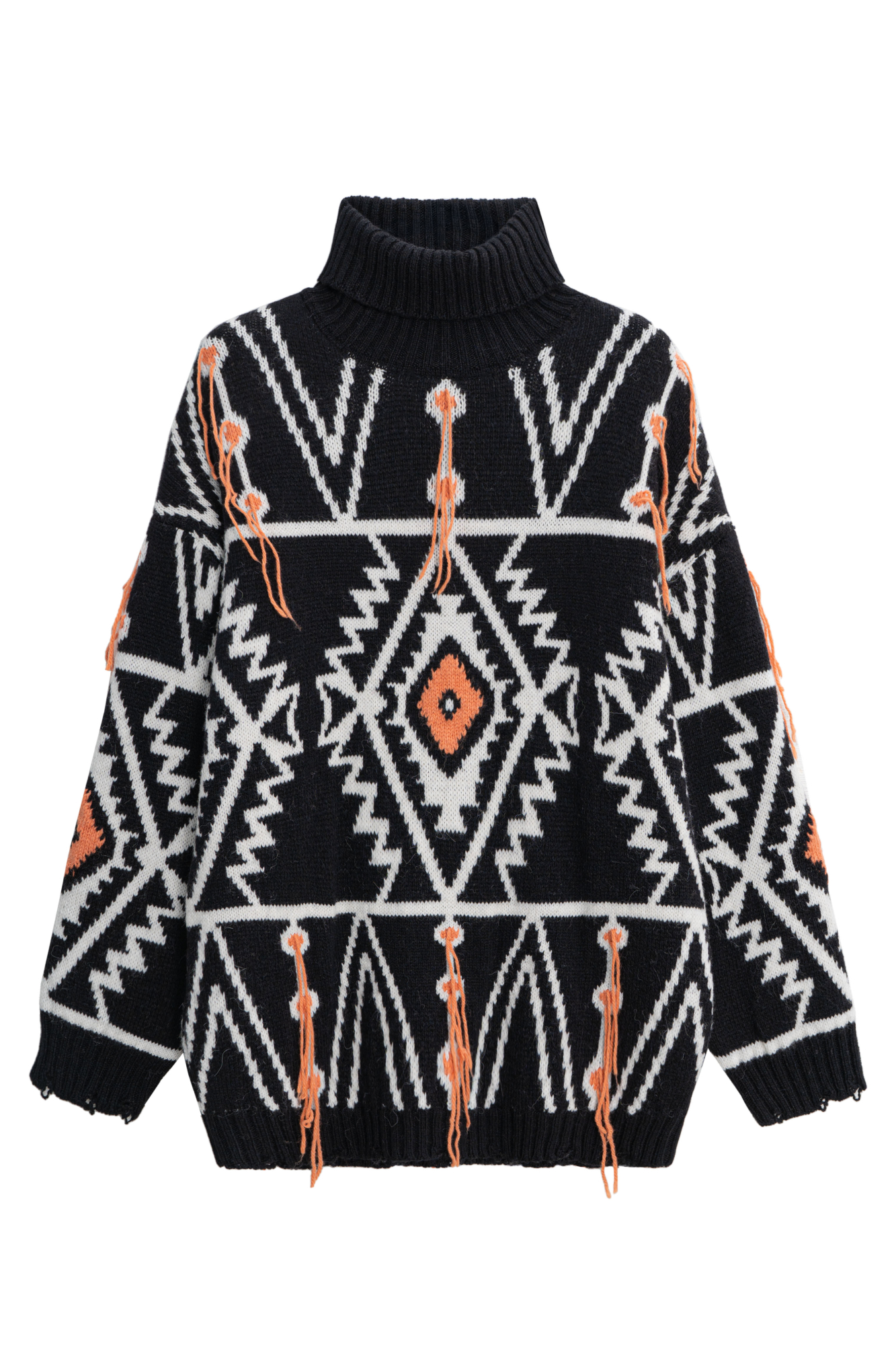 Трикотажный джемпер из шерсти альпака с геометрическим жаккардовым орнаментом. Модель свободного силуэта с высоким воротом и со спущенной линией плеча. Края изделия выполнены в рубчик. Изделие декорировано локаничной бахромой.