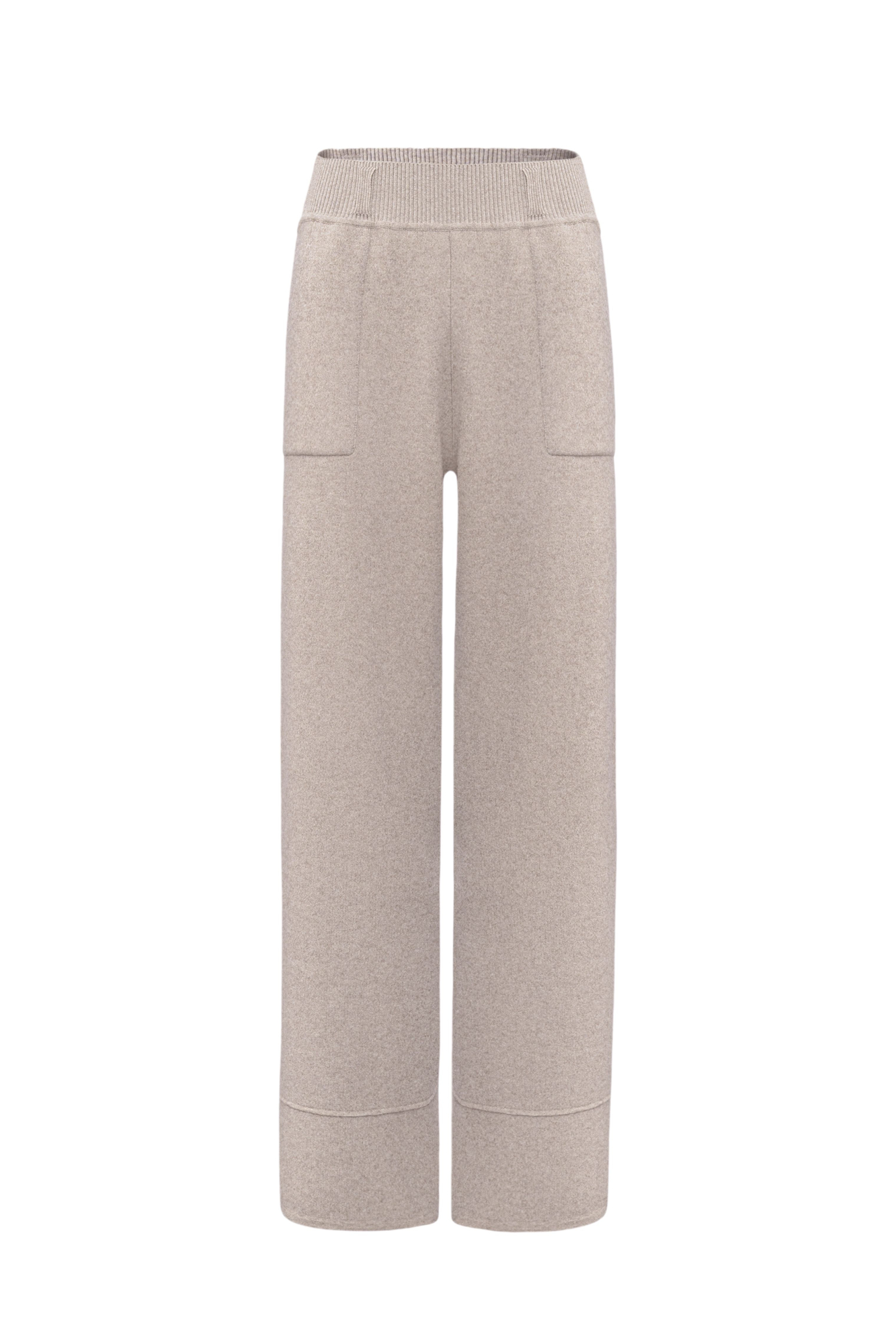 Прямые трикотажные брюки из смесовой шерсти с добавлением кашемира. Модель с накладными карманами и эластичным поясом в рубчик. 