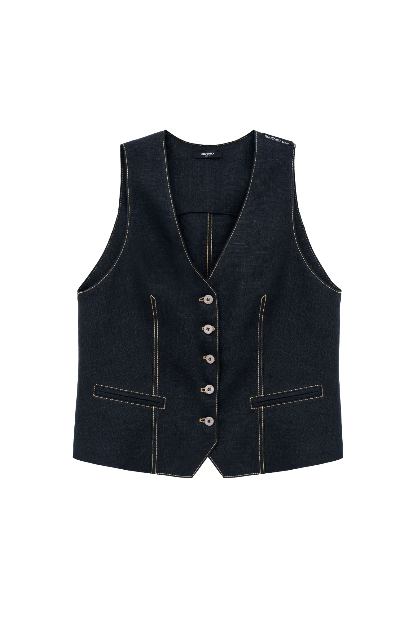 Жилет изо льна. Модель прямого кроя с V-образным вырезом и имитацией карманов. Застежка на пуговицы. Дополнить образ можно джинсами в таком же стиле.