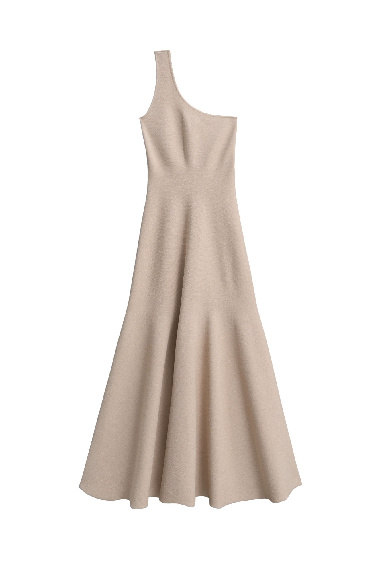 Трикотажное платье длины миди из вискозы с добавлением люрекса. Модель приталенного силуэта с юбкой, расклешенной от талии, без рукавов, с асимметричным вырезом на одно плечо.