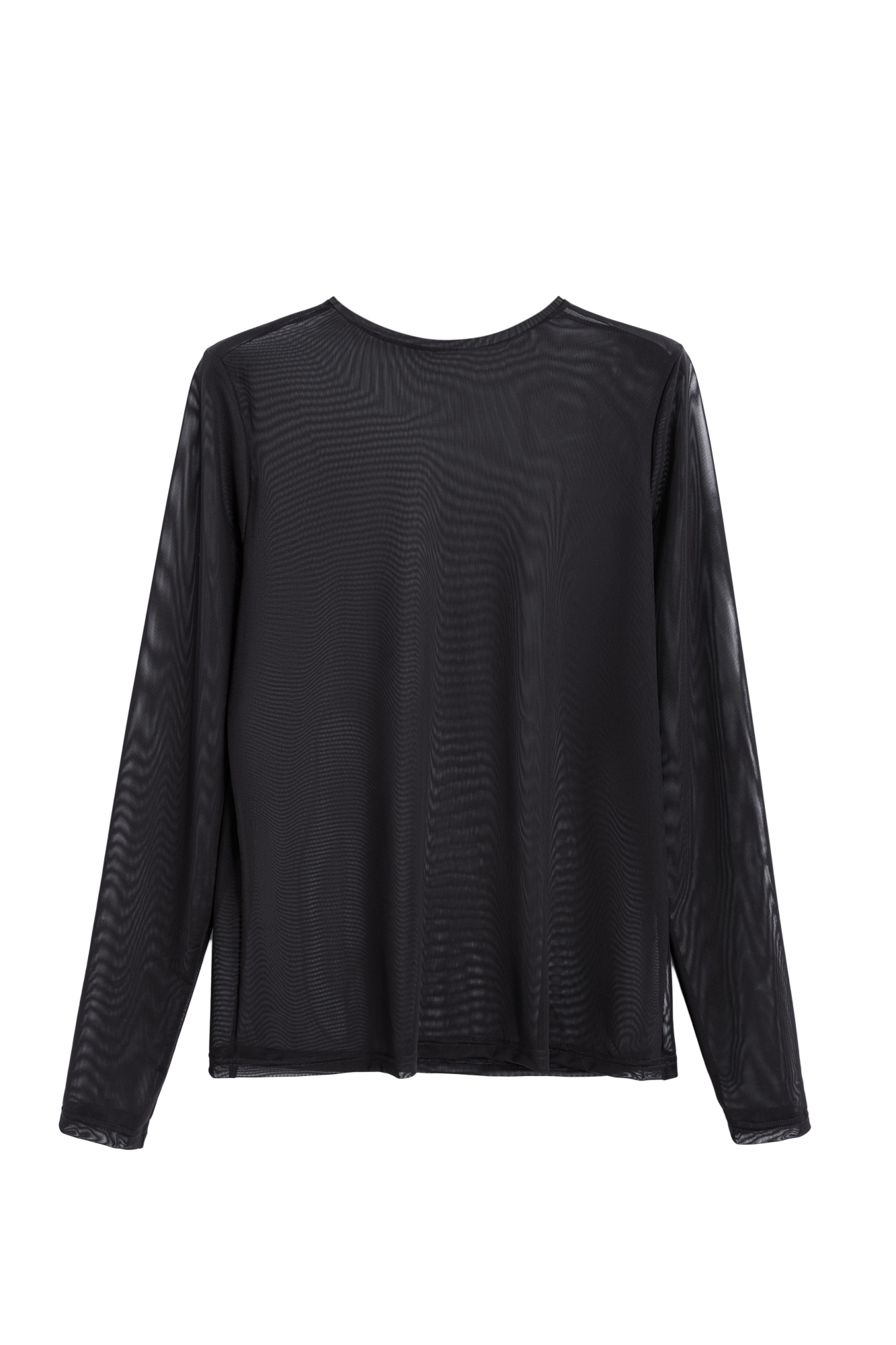 Полупрозрачный лонгслив по фигуре с круглым вырезом горловины.