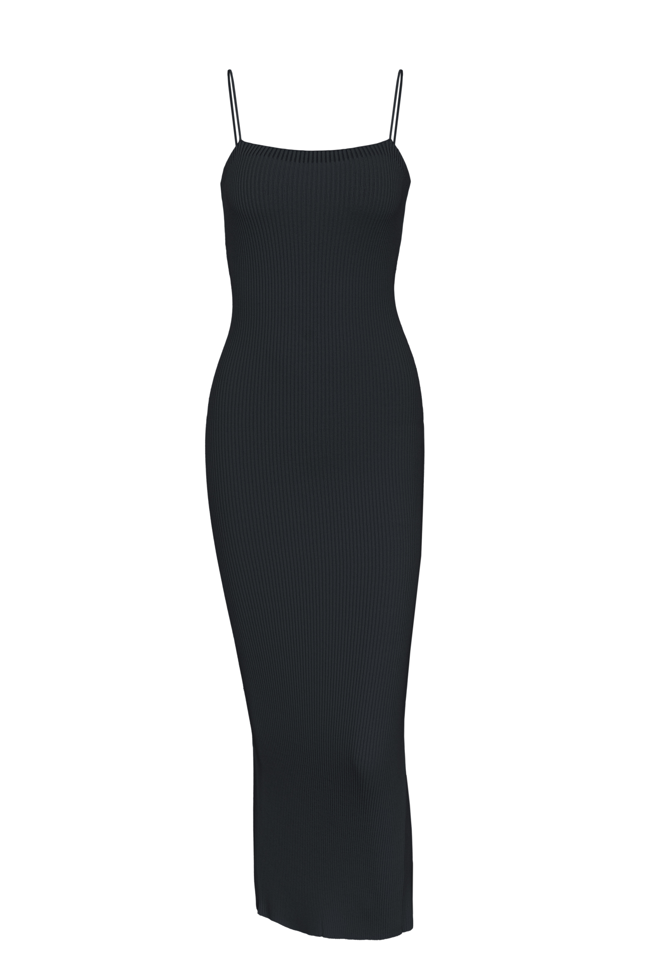 Трикотажное платье длины миди из вискозы в рубчик. Модель приталенного силуэта, на тонких бретельках и разрезом сзади.