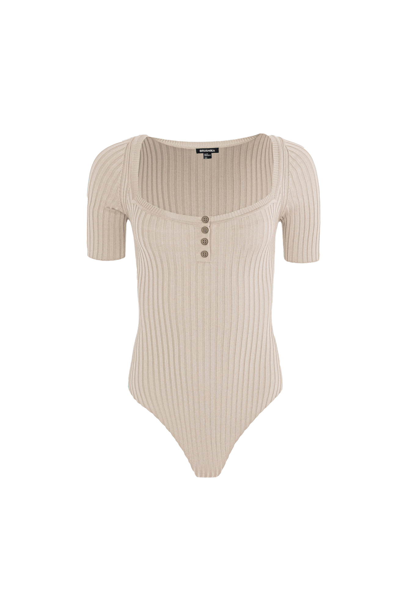 Трикотажное боди из вискозы в широкий рубчик. Модель с квадратным вырезом головины, коротким рукавом и застежкой на бельевые крючки. Изделие декорировано небольшими пуговицами.