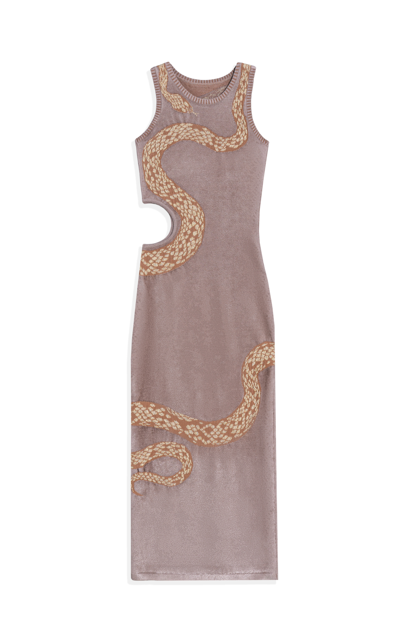 Трикотажное платье длины макси из вискозы. Модель приталенного силуэта, без рукавов, круглым вырезом горловины и вырезом на талии. Края изделия выполнены в рубчик. Ключевой деталью платья является принт в виде змеи, опоясывающий силуэт. 