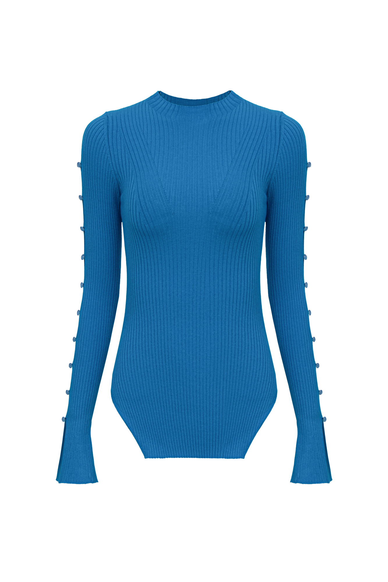 Трикотажный топ из вискозы. Модель приталенного силуэта, разрезами по бокам, с длинными рукавами на пуговицах, невысоким воротником-стойкой и декоративными сбавками на груди.