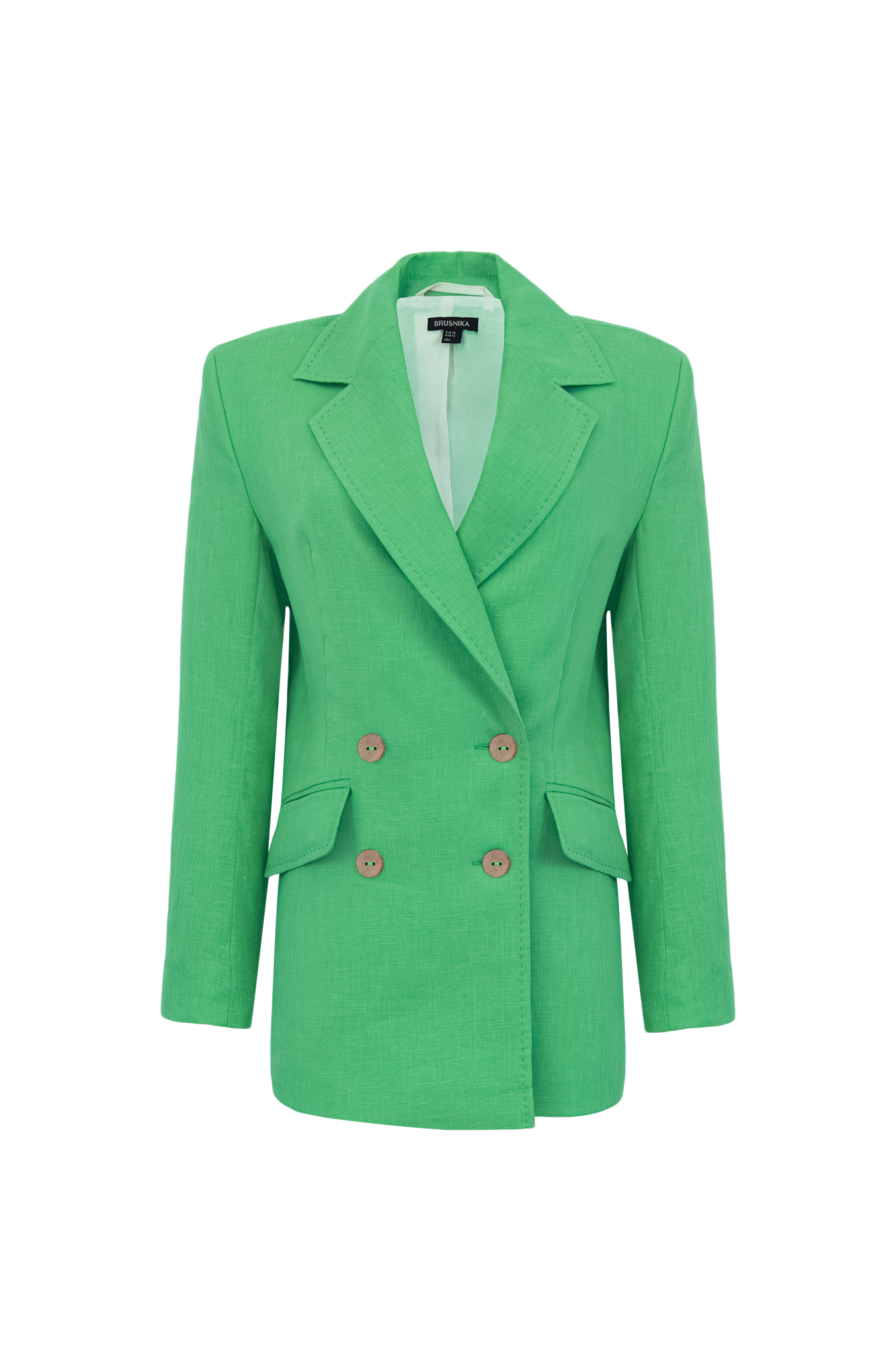 Классический двубортный жакет из 100% льна. Модель прямого кроя с английским воротником и прорезными карманами с клапанами. Изделие декорировано отстрочкой контрастного цвета. На подкладке.