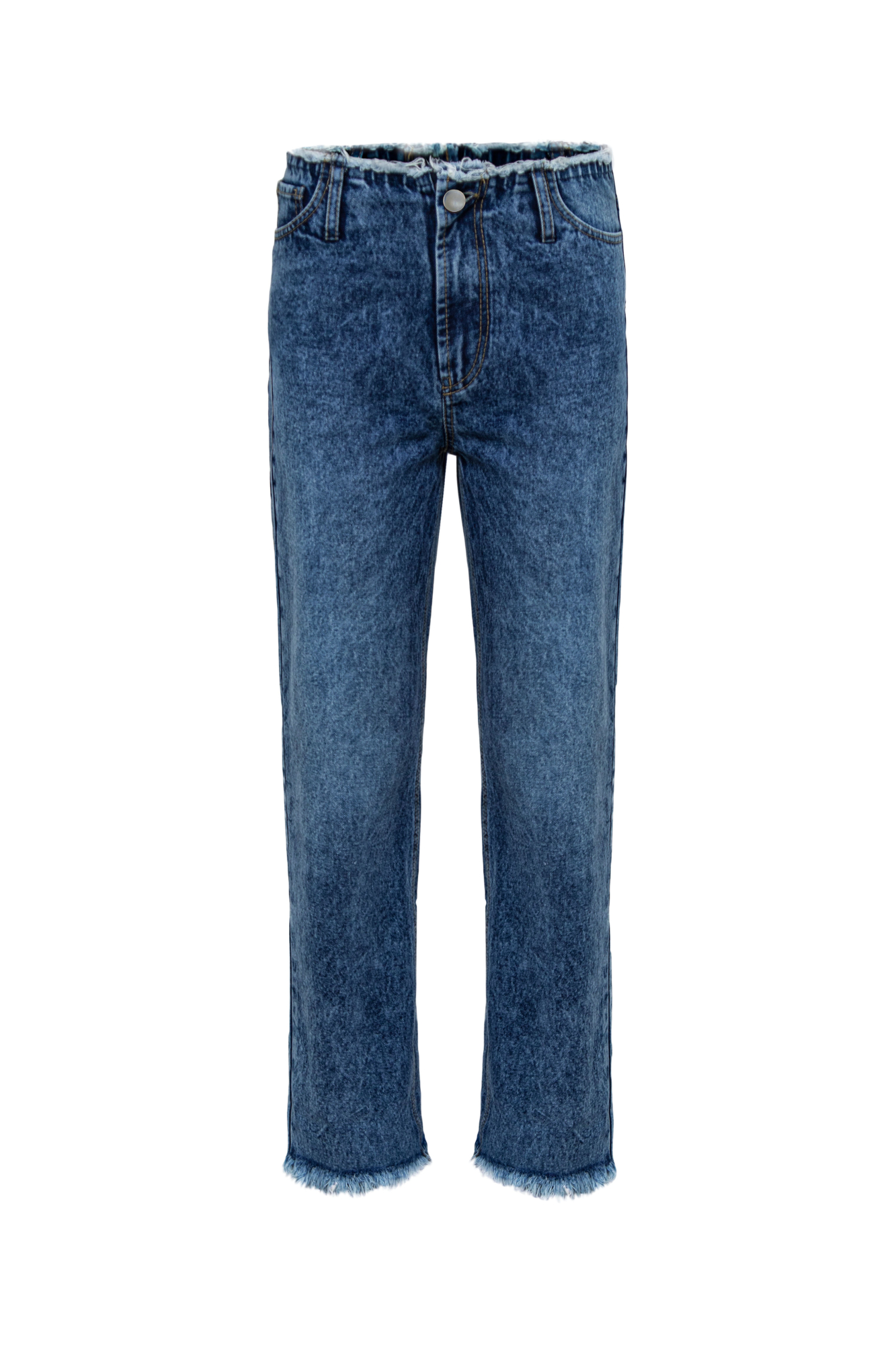 Джинсы без пояса из 100% хлопка с необработанным низом.