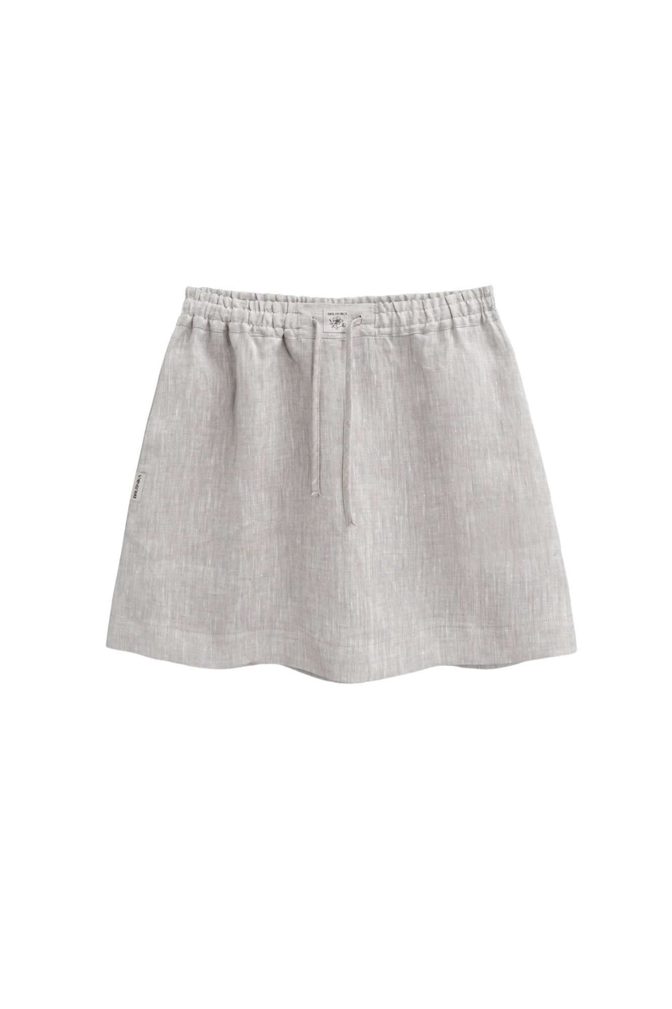 Юбка длины мини из 100% льна. Модель А-силуэта, с широким эластичным поясом на кулиске. Изделие декорировано  брендированным ярлыком.