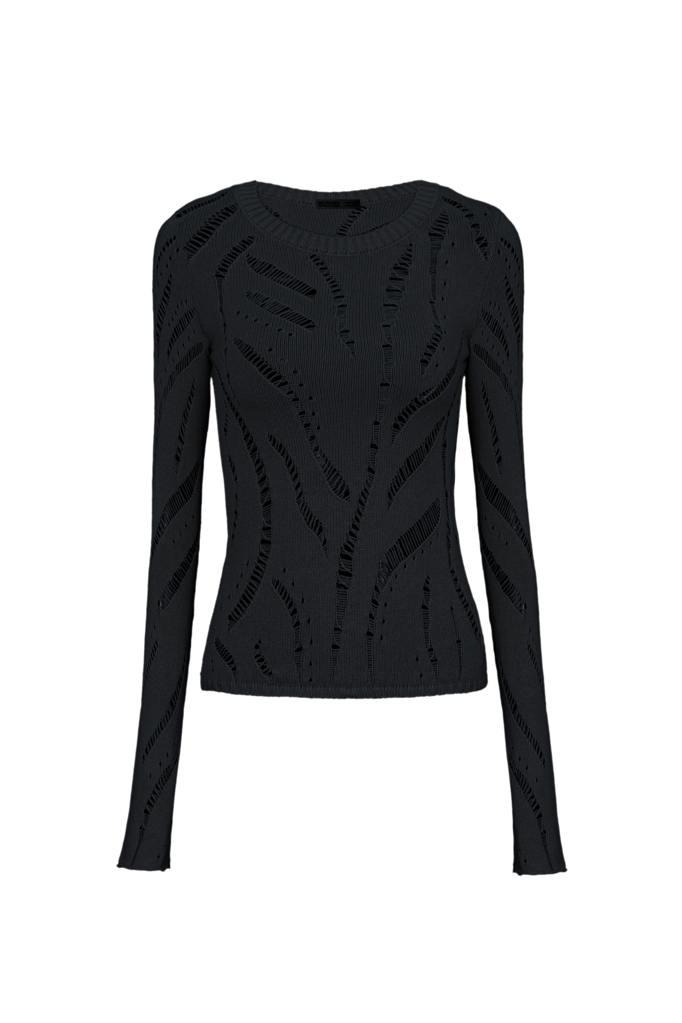 Трикотажный джемпер из 100% хлопка. Длинные расклешенные рукава, круглый вырез в рубчик. Модель фактурной вязки с протяжками.